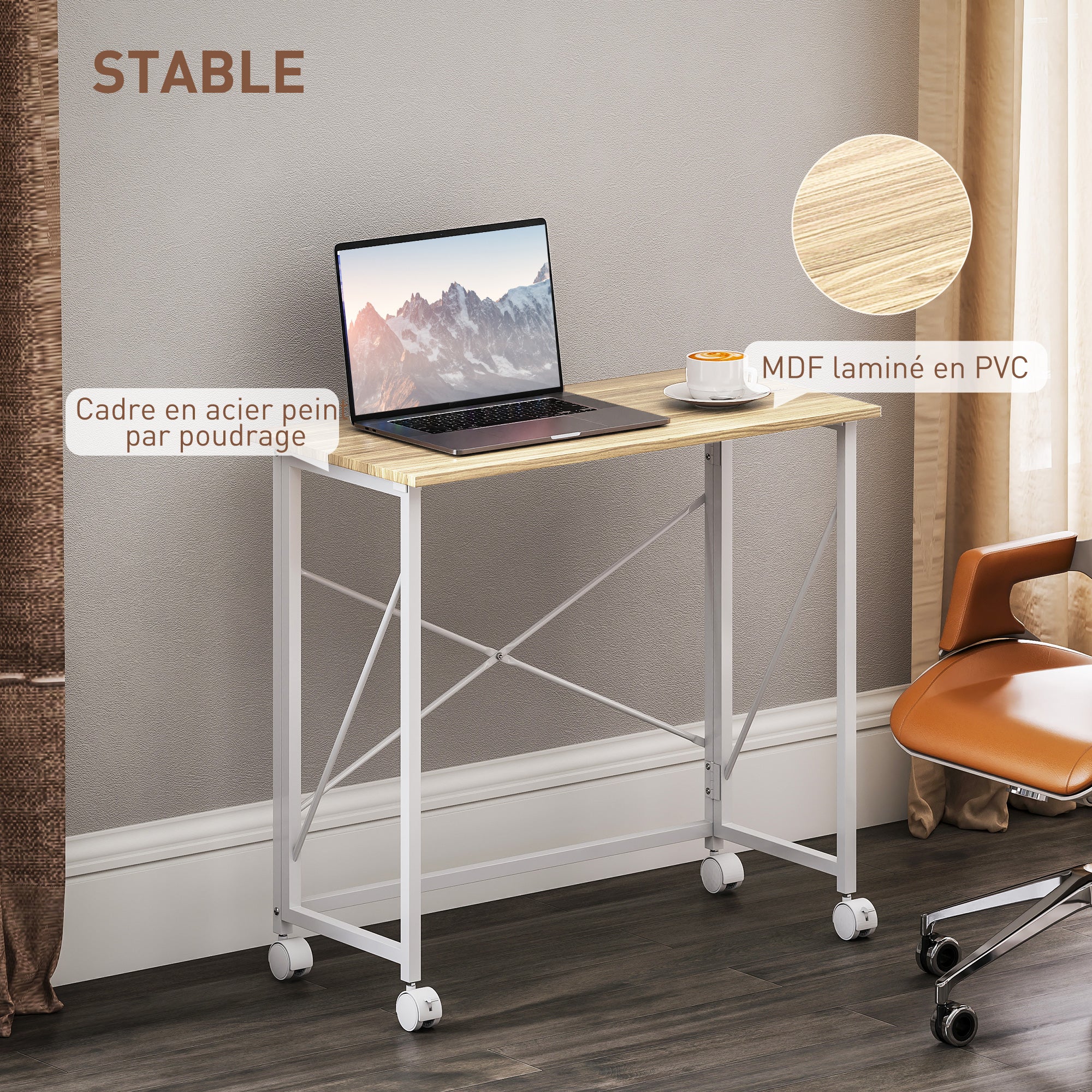 Bureau pliant table d'ordinateur 80 x 40 cm bureau sur roulettes style moderne pour domicile, chambre, petits espaces, chêne - Image 7