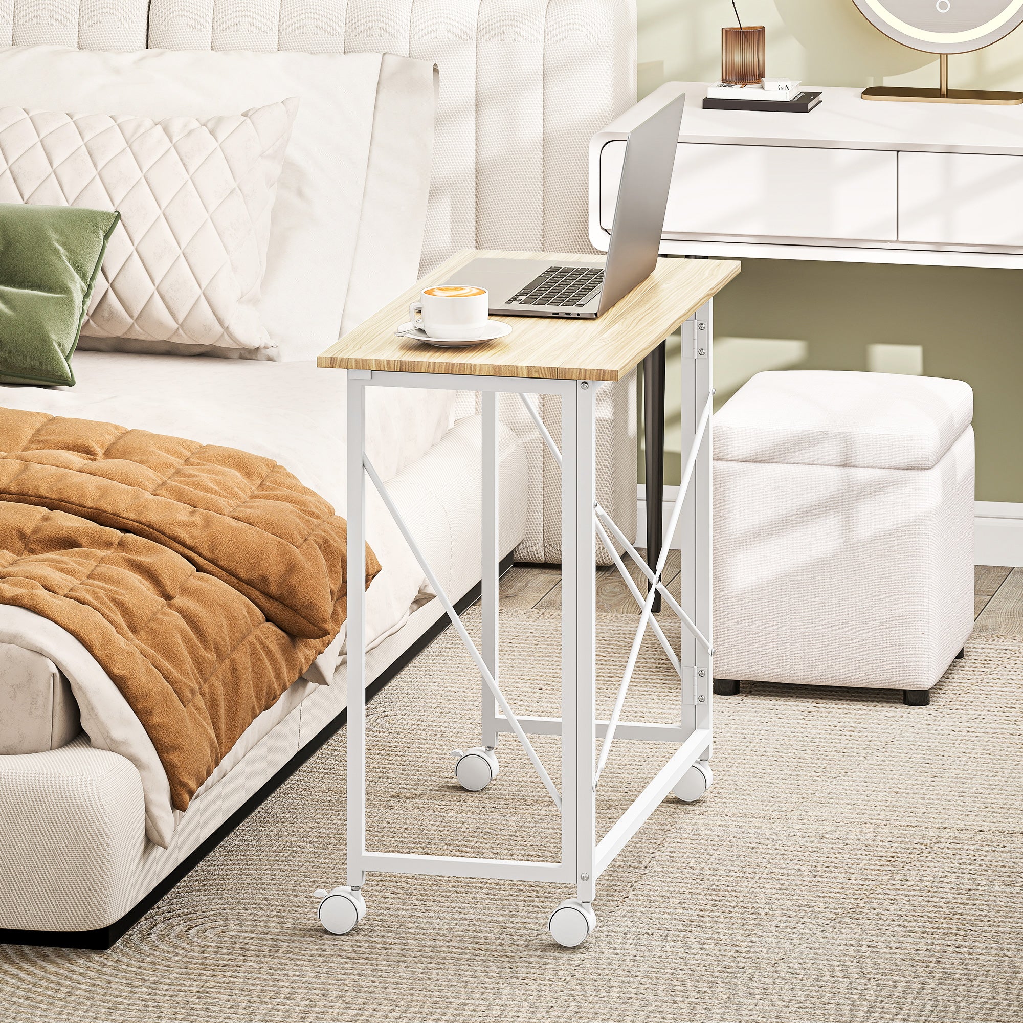 Bureau pliant table d'ordinateur 80 x 40 cm bureau sur roulettes style moderne pour domicile, chambre, petits espaces, chêne - Image 8
