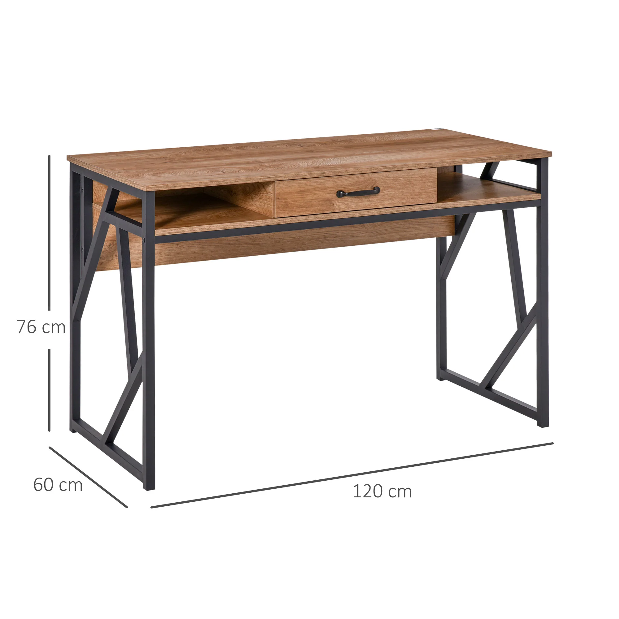 Bureau Style Industriel dim. 120L x 60l x 76H cm tiroir + 2 niches piètement métal Noir Plateau Aspect Bois Noyer - Image 4
