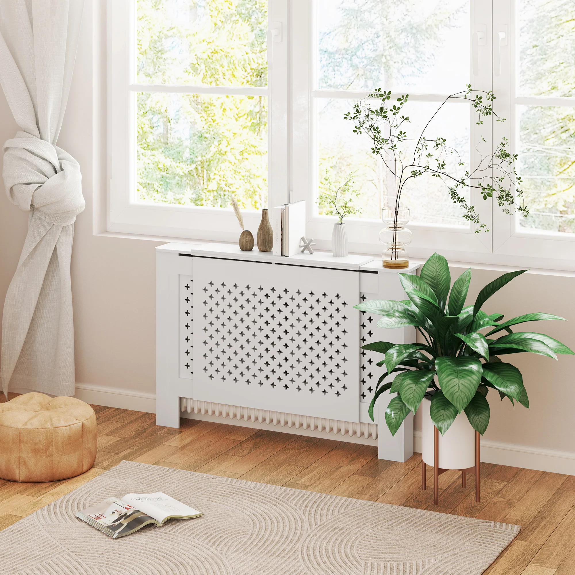 Cache radiateur ajustable couvercle de radiateur contemporain à motif nid d'abeille 136-200 x 21,5 x 91,7 cm cache-radiateur en bois pour chambre à coucher, salon - blanc - Image 10