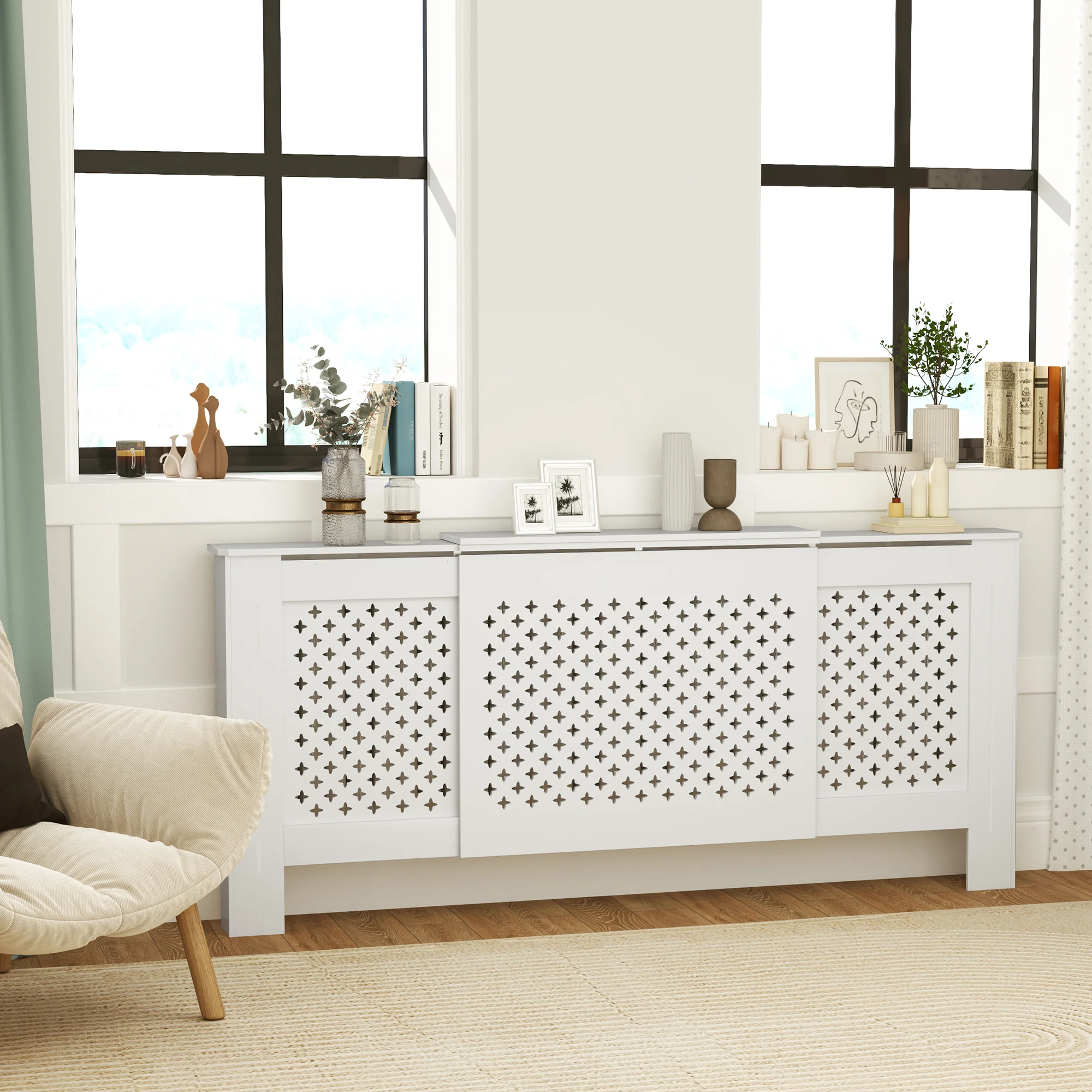Cache radiateur ajustable couvercle de radiateur contemporain à motif nid d'abeille 136-200 x 21,5 x 91,7 cm cache-radiateur en bois pour chambre à coucher, salon - blanc - Image 3