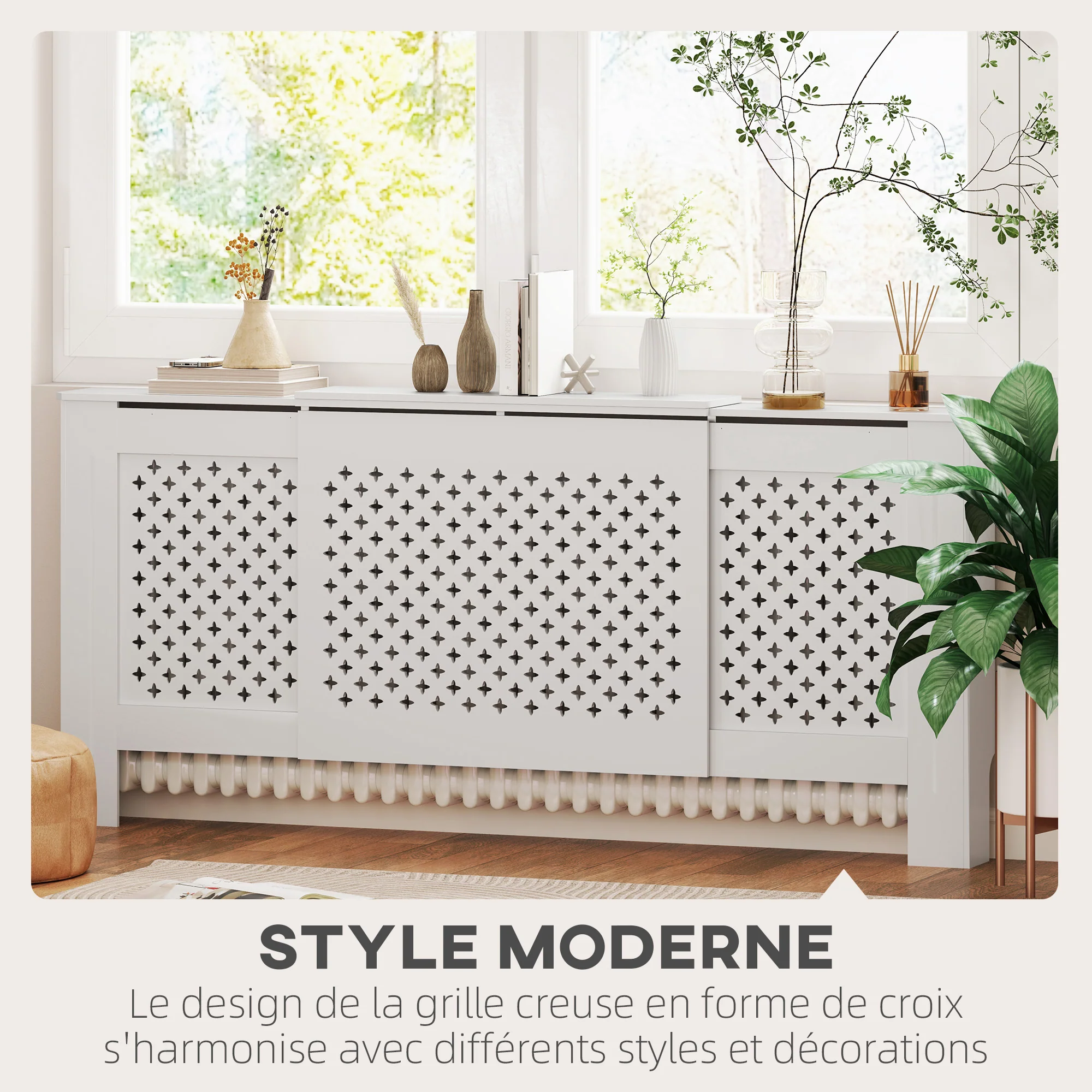Cache radiateur ajustable couvercle de radiateur contemporain à motif nid d'abeille 136-200 x 21,5 x 91,7 cm cache-radiateur en bois pour chambre à coucher, salon - blanc - Image 6