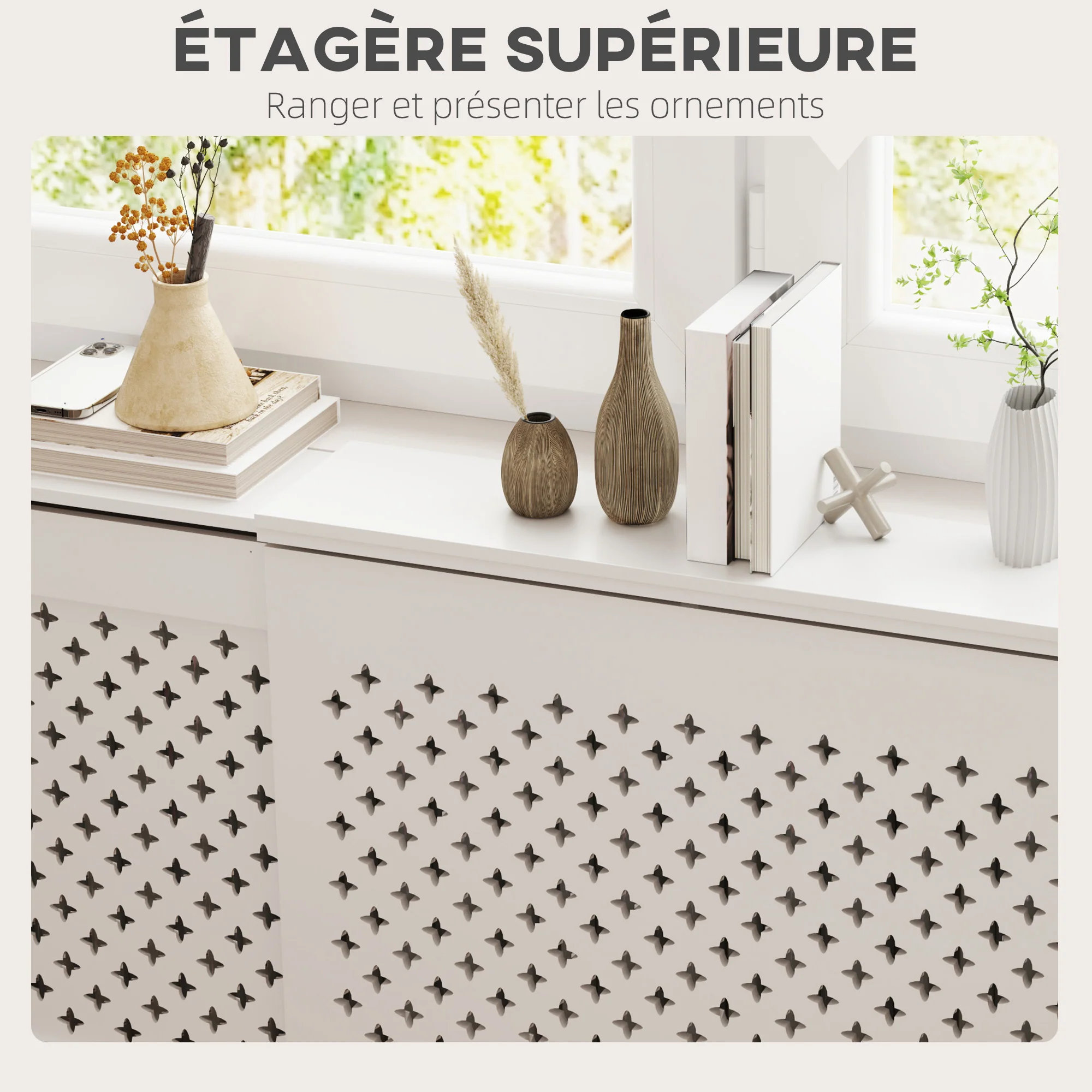 Cache radiateur ajustable couvercle de radiateur contemporain à motif nid d'abeille 136-200 x 21,5 x 91,7 cm cache-radiateur en bois pour chambre à coucher, salon - blanc - Image 7