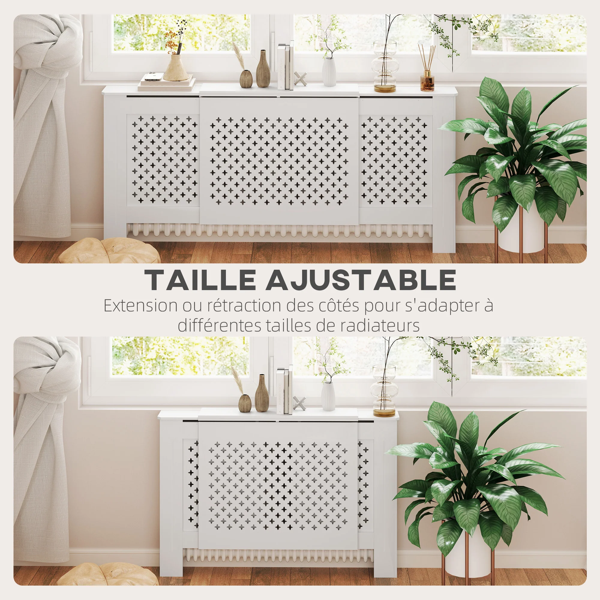 Cache radiateur ajustable couvercle de radiateur contemporain à motif nid d'abeille 136-200 x 21,5 x 91,7 cm cache-radiateur en bois pour chambre à coucher, salon - blanc - Image 8