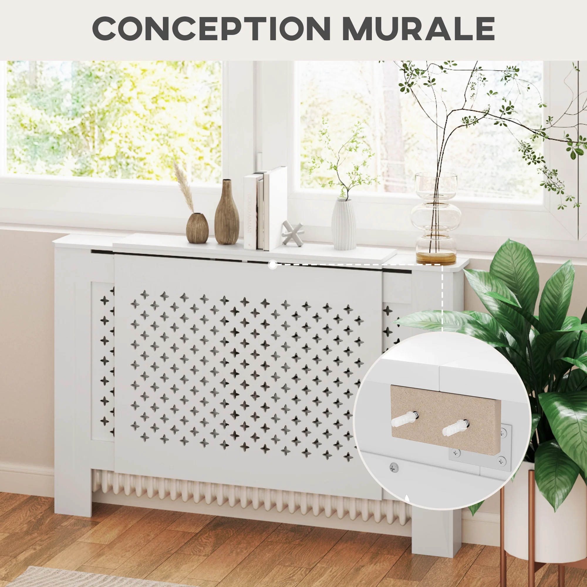 Cache radiateur ajustable couvercle de radiateur contemporain à motif nid d'abeille 136-200 x 21,5 x 91,7 cm cache-radiateur en bois pour chambre à coucher, salon - blanc - Image 9