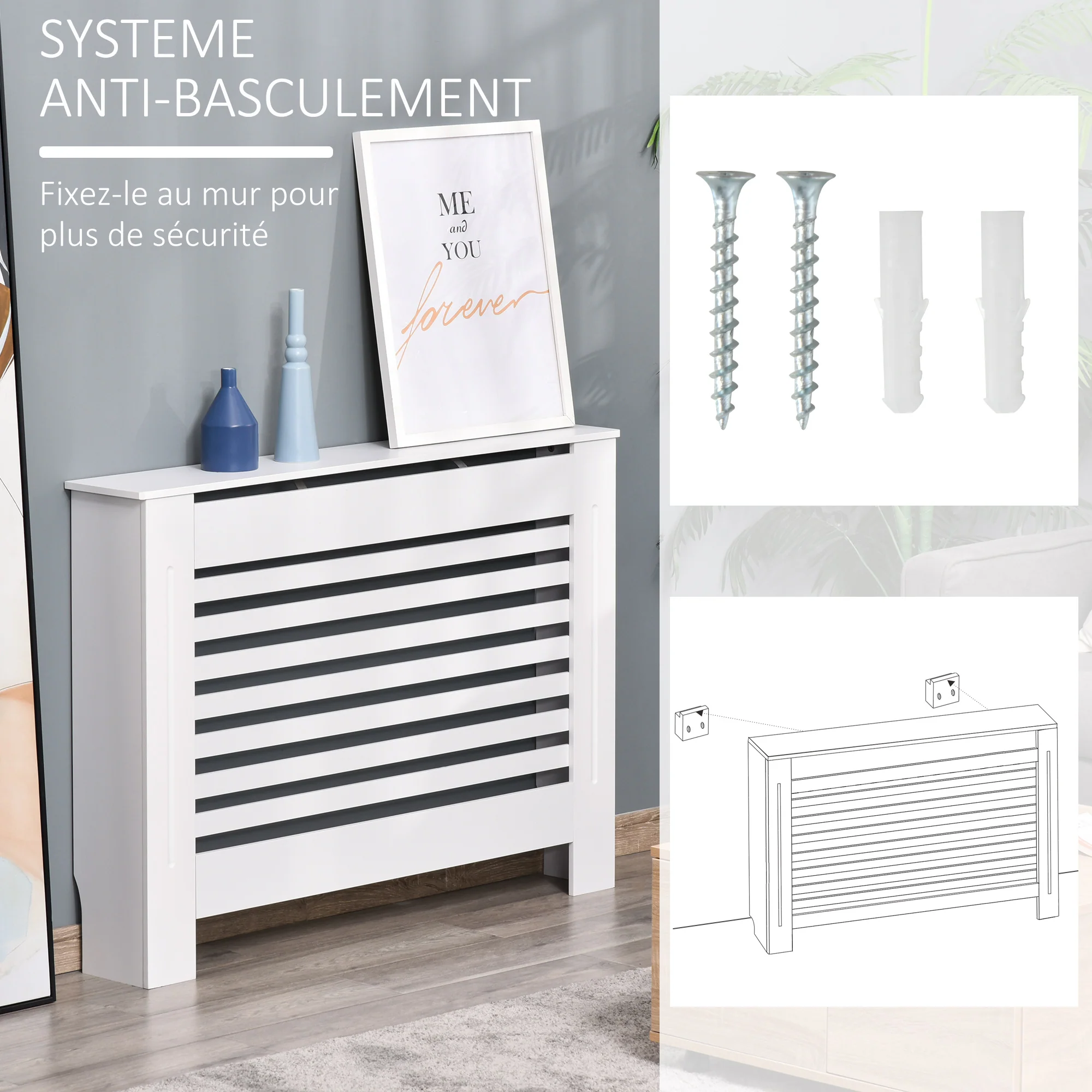 Cache-radiateur couverture radiateur Design à Lattes Panneau Cabinet dim. 112L x 19l x 81H cm MDF Blanc - Image 7