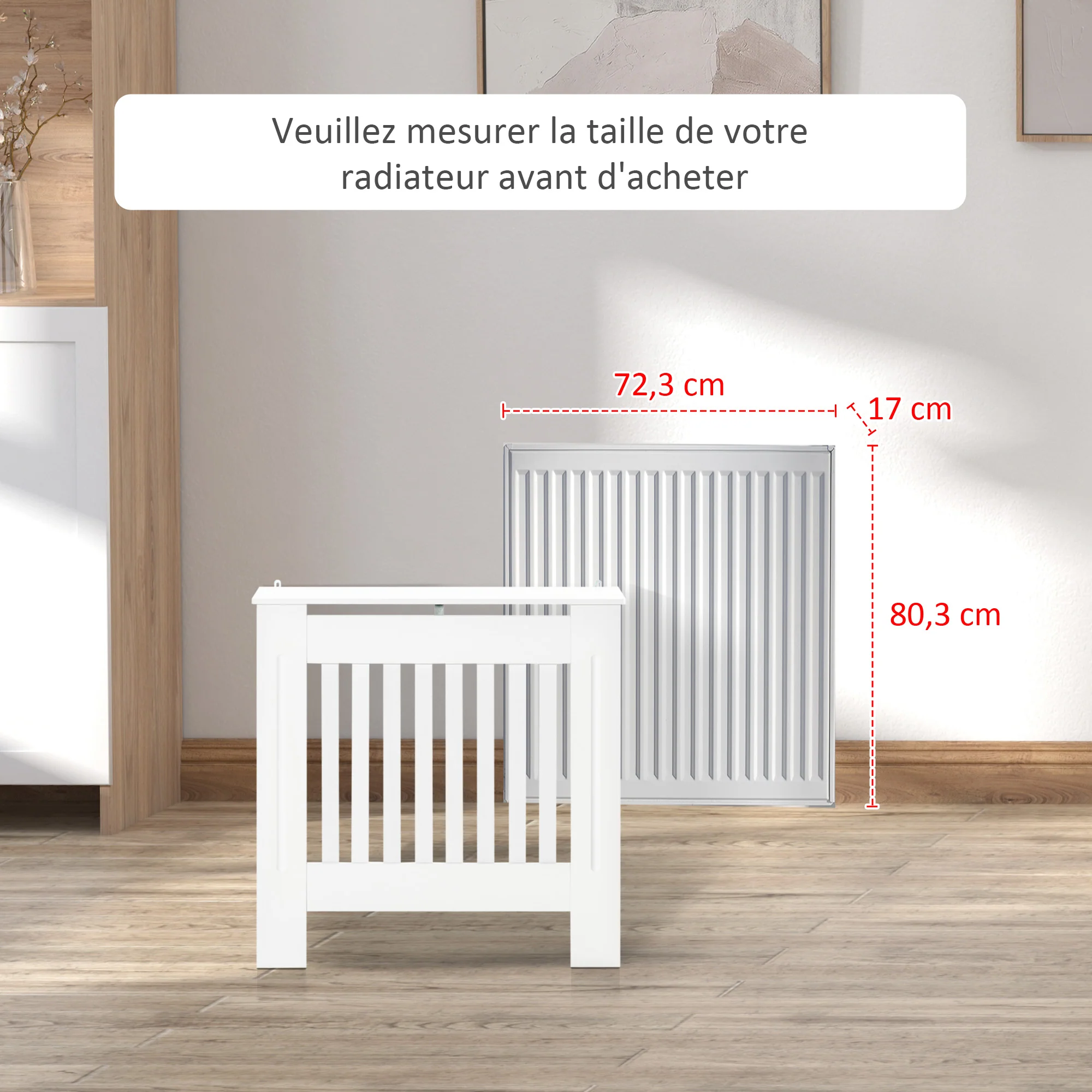 Cache-radiateur couverture radiateur grille d'aération verticale à lattes 78L x 19l x 81H cm en bois Blanc - Image 8