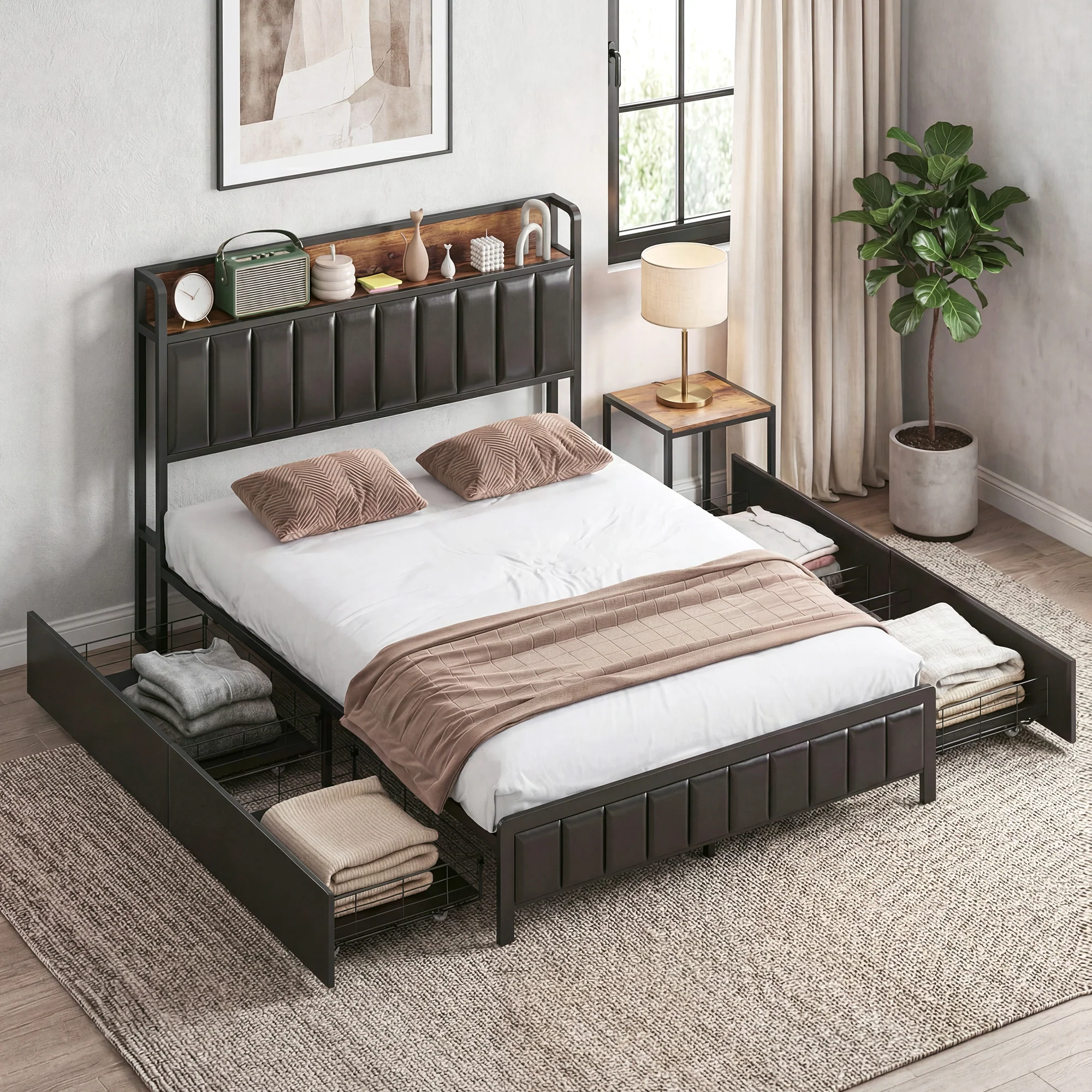 Cadre de lit 140 x 190 cm avec sommier à lattes en métal, lit double rembourré en cuir synthétique avec tête de lit, pied de lit, 4 tiroirs et étagère, sans bruit, style industriel, noir - Image 3