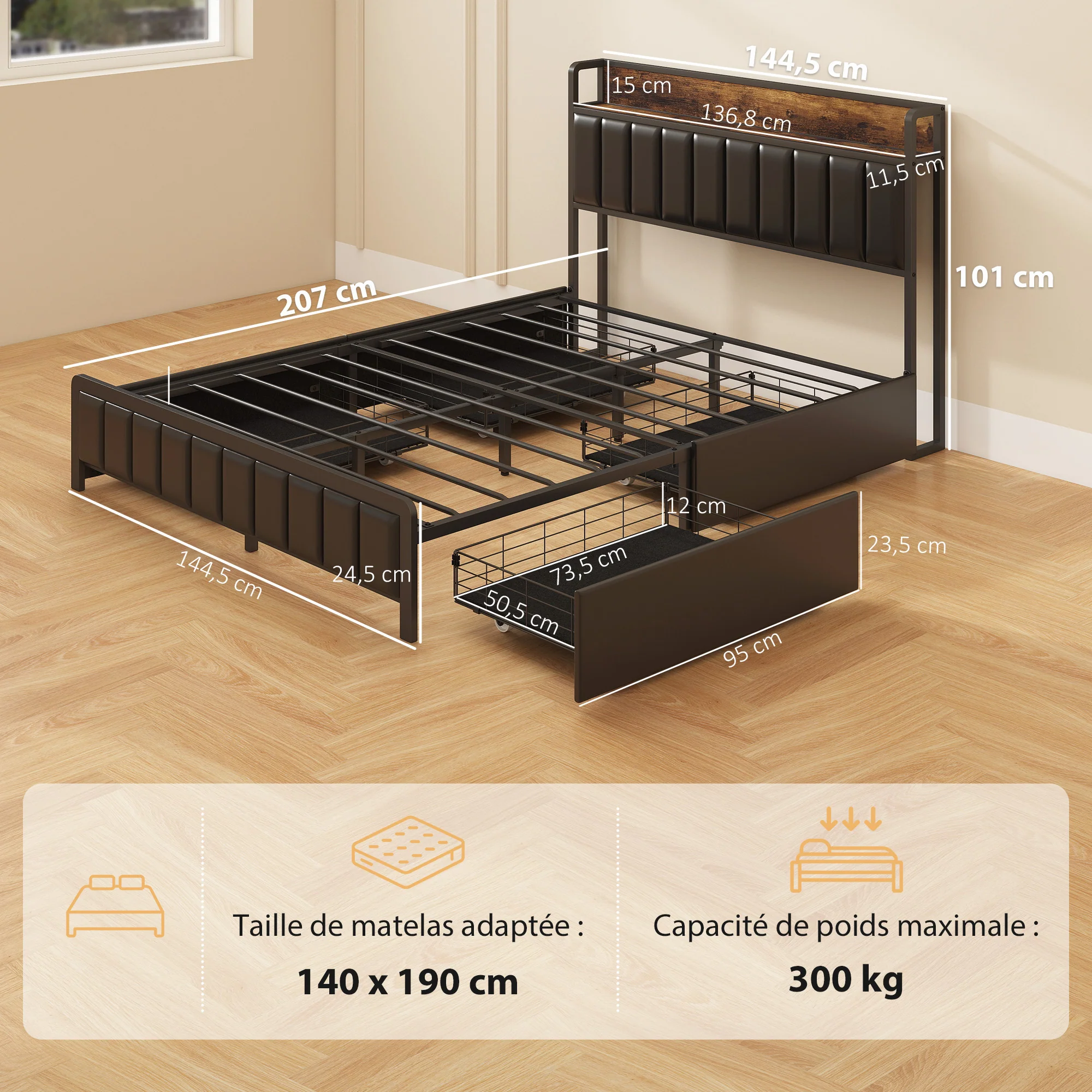 Cadre de lit 140 x 190 cm avec sommier à lattes en métal, lit double rembourré en cuir synthétique avec tête de lit, pied de lit, 4 tiroirs et étagère, sans bruit, style industriel, noir - Image 4