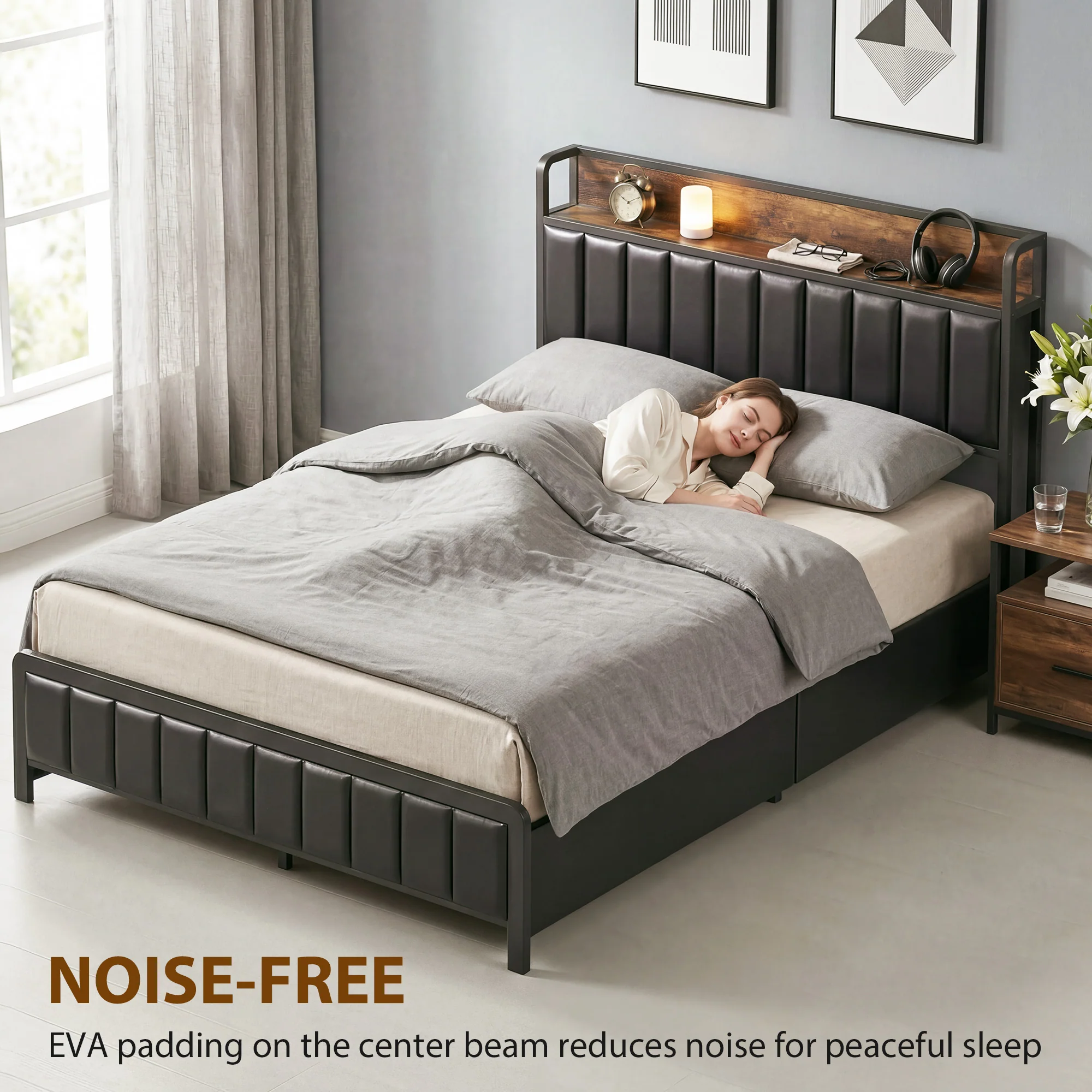 Cadre de lit 140 x 190 cm avec sommier à lattes en métal, lit double rembourré en cuir synthétique avec tête de lit, pied de lit, 4 tiroirs et étagère, sans bruit, style industriel, noir - Image 5
