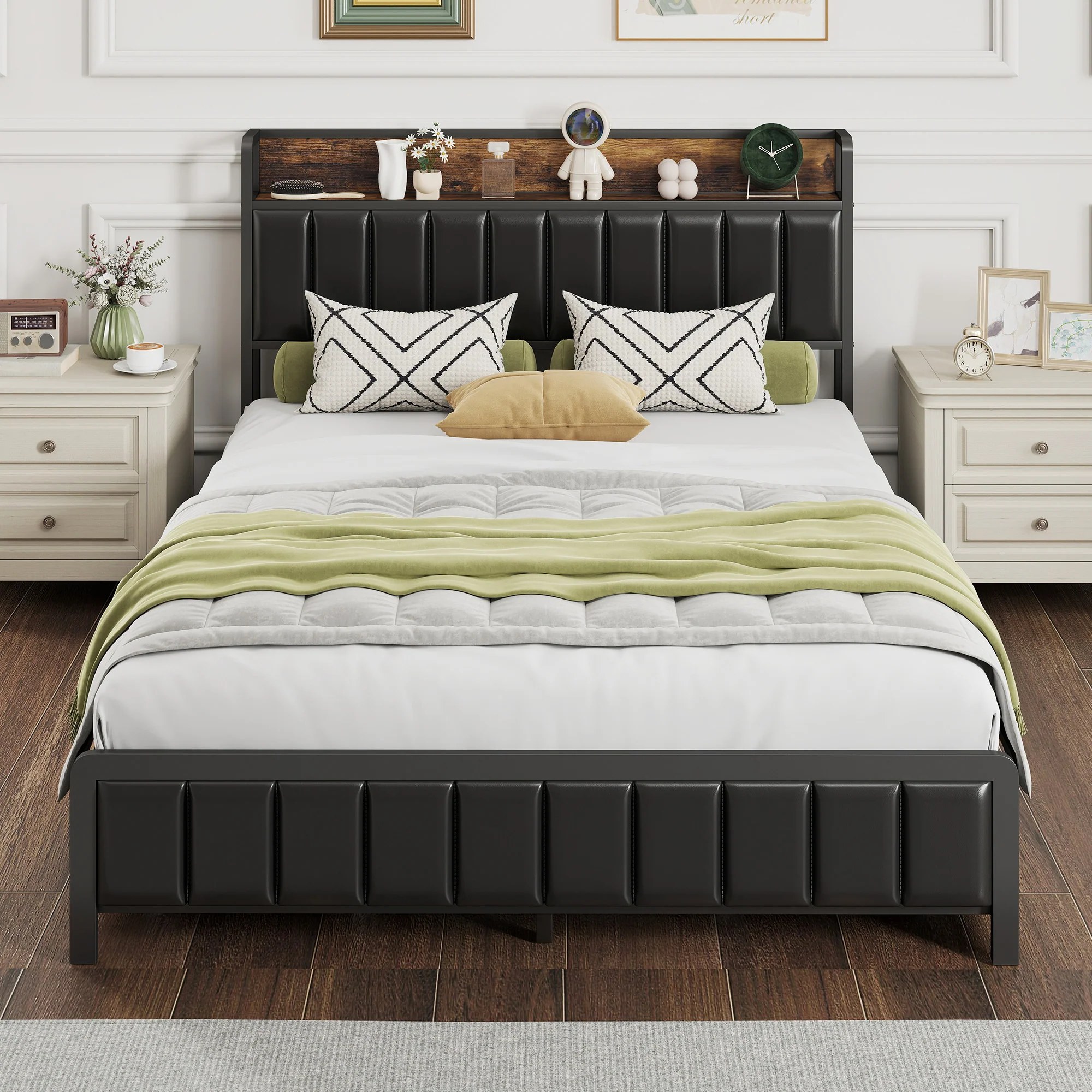 Cadre de lit 140 x 190 cm avec sommier à lattes en métal, lit double rembourré en cuir synthétique avec tête de lit, pied de lit, 4 tiroirs et étagère, sans bruit, style industriel, noir - Image 6