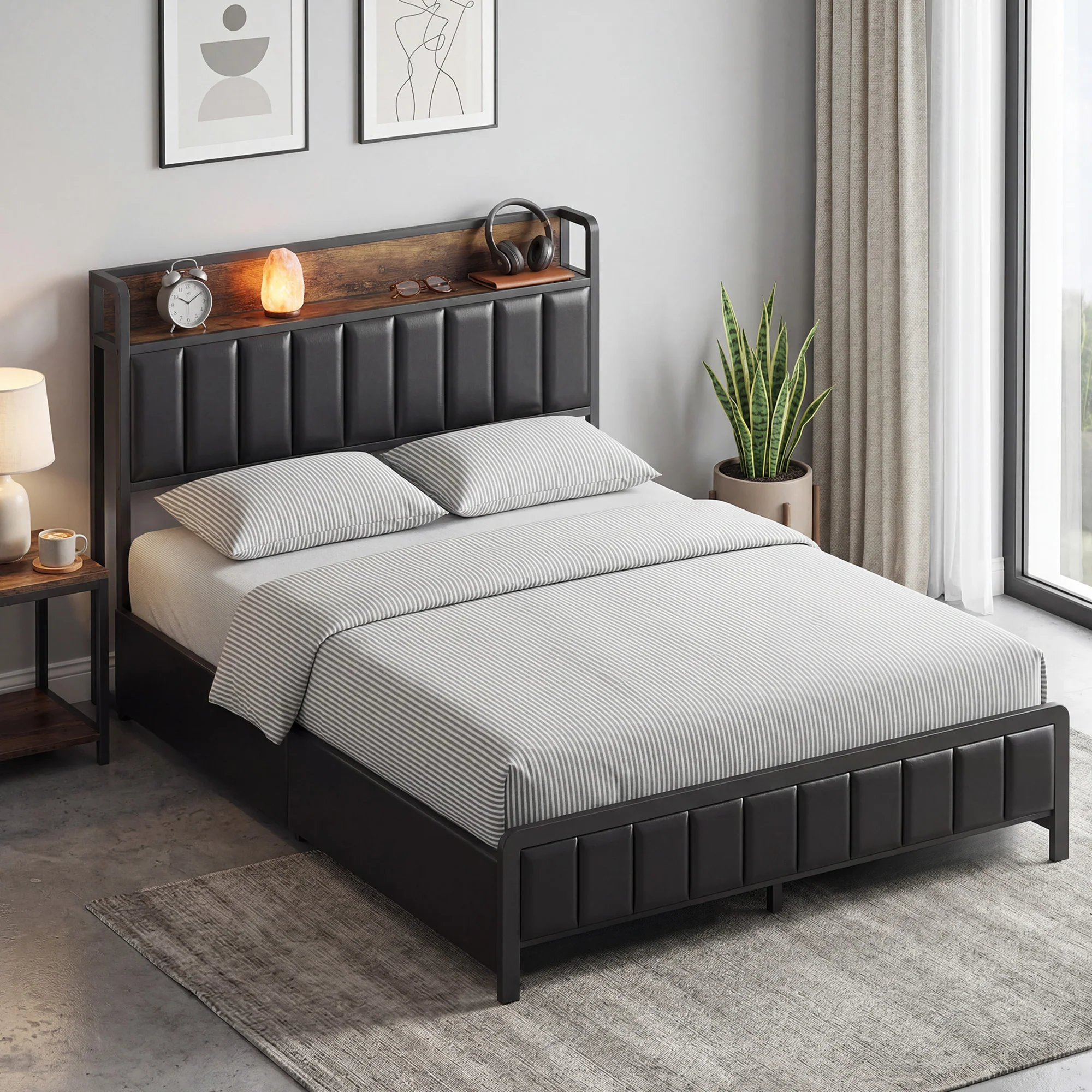 Cadre de lit 140 x 190 cm avec sommier à lattes en métal, lit double rembourré en cuir synthétique avec tête de lit, pied de lit, 4 tiroirs et étagère, sans bruit, style industriel, noir - Image 7