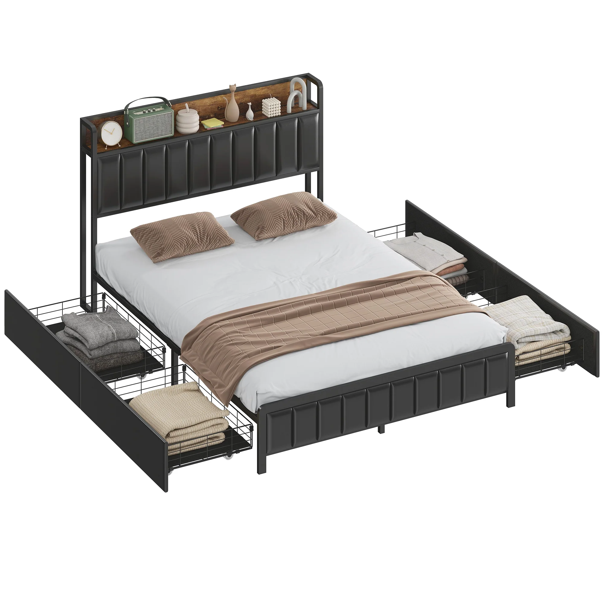 Cadre de lit 140 x 190 cm avec sommier à lattes en métal, lit double rembourré en cuir synthétique avec tête de lit, pied de lit, 4 tiroirs et étagère, sans bruit, style industriel, noir - Image 8