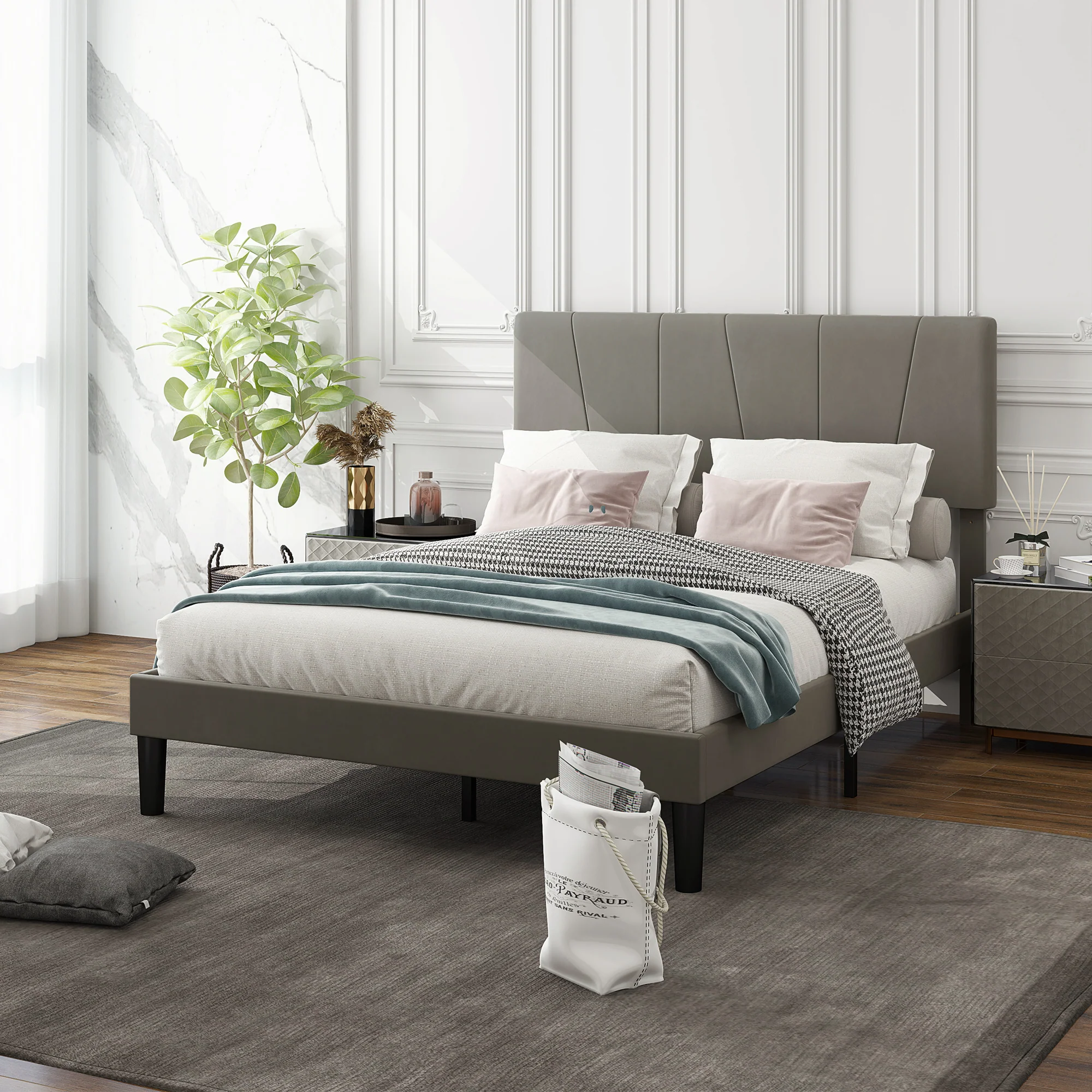 Cadre de lit double, 140 x 190 cm, lit 2 personnes, cadre métallique, tête de lit réglable, avec sommier, rangement sous le lit, montage facile, gris - Image 10