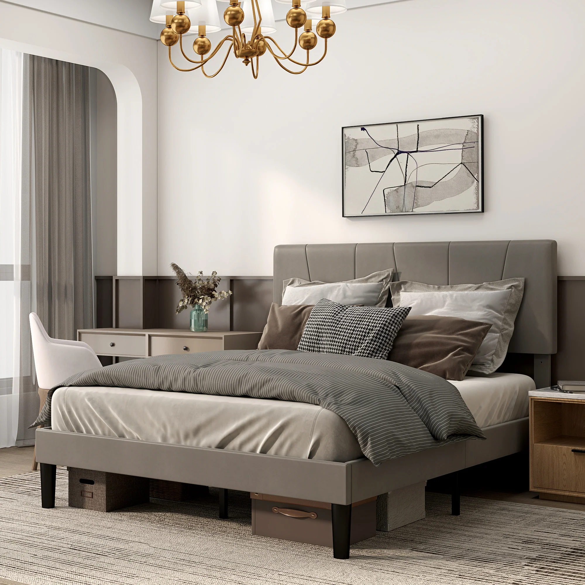 Cadre de lit double, 140 x 190 cm, lit 2 personnes, cadre métallique, tête de lit réglable, avec sommier, rangement sous le lit, montage facile, gris - Image 3
