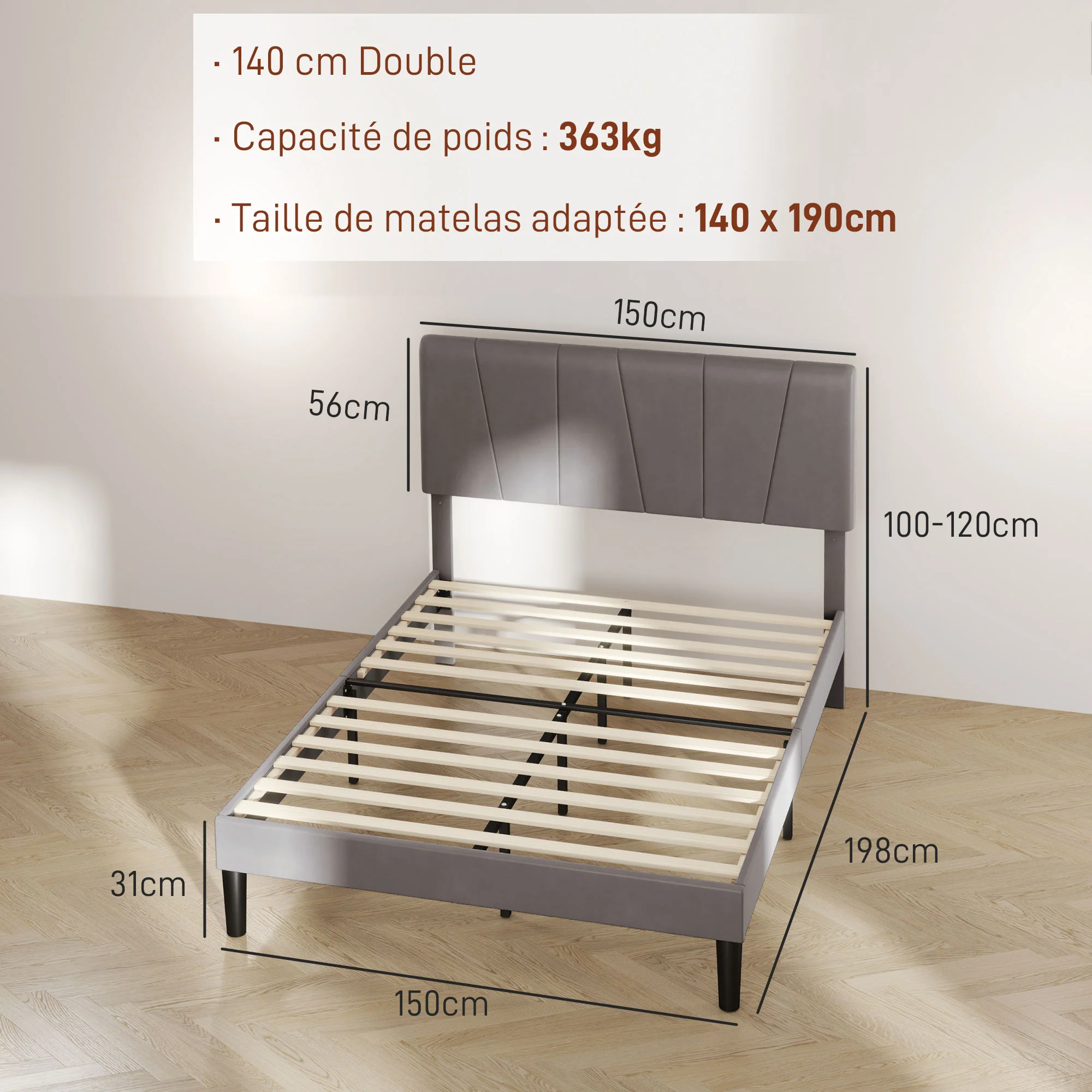 Cadre de lit double, 140 x 190 cm, lit 2 personnes, cadre métallique, tête de lit réglable, avec sommier, rangement sous le lit, montage facile, gris - Image 4