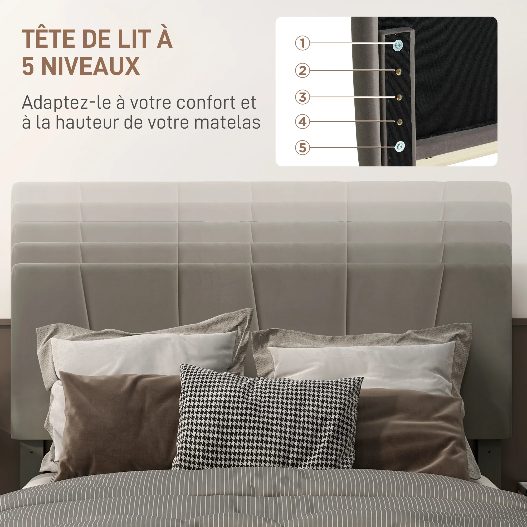 Cadre de lit double, 140 x 190 cm, lit 2 personnes, cadre métallique, tête de lit réglable, avec sommier, rangement sous le lit, montage facile, gris - Image 5