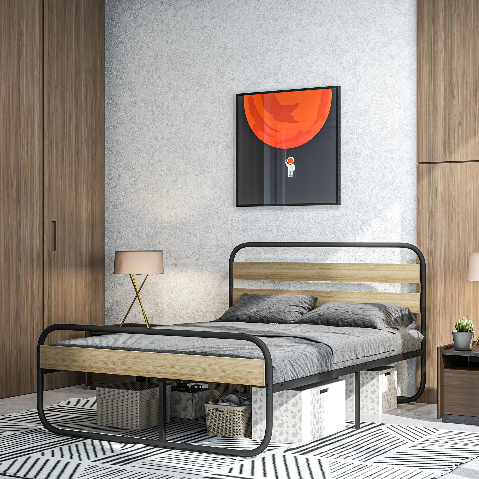 Cadre de lit double 140 x 190 cm lit 2 personnes style industriel avec rangement, sommier, tête et pied - montage facile, en bois et acier, aspect bois - Image 10