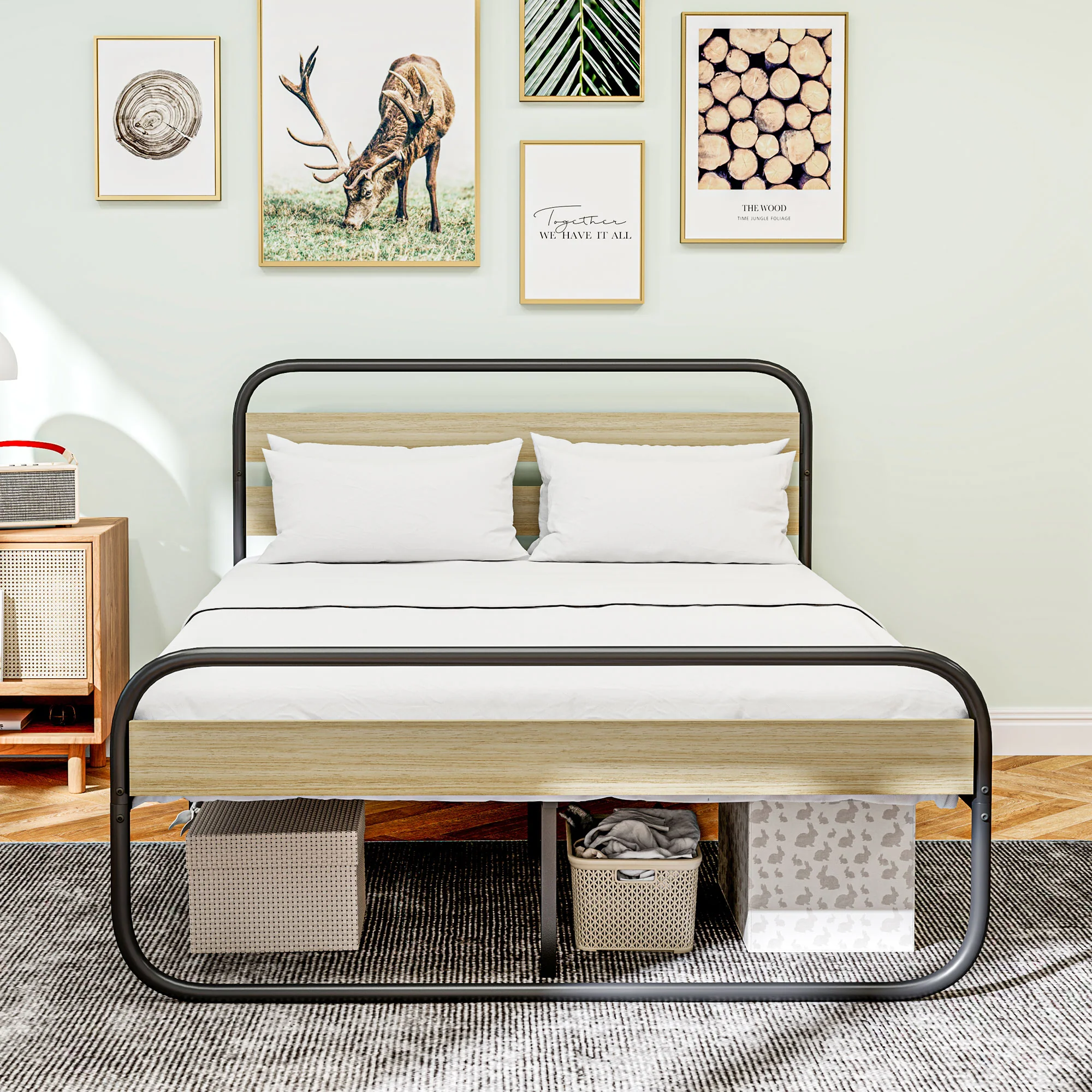 Cadre de lit double 140 x 190 cm lit 2 personnes style industriel avec rangement, sommier, tête et pied - montage facile, en bois et acier, aspect bois - Image 3