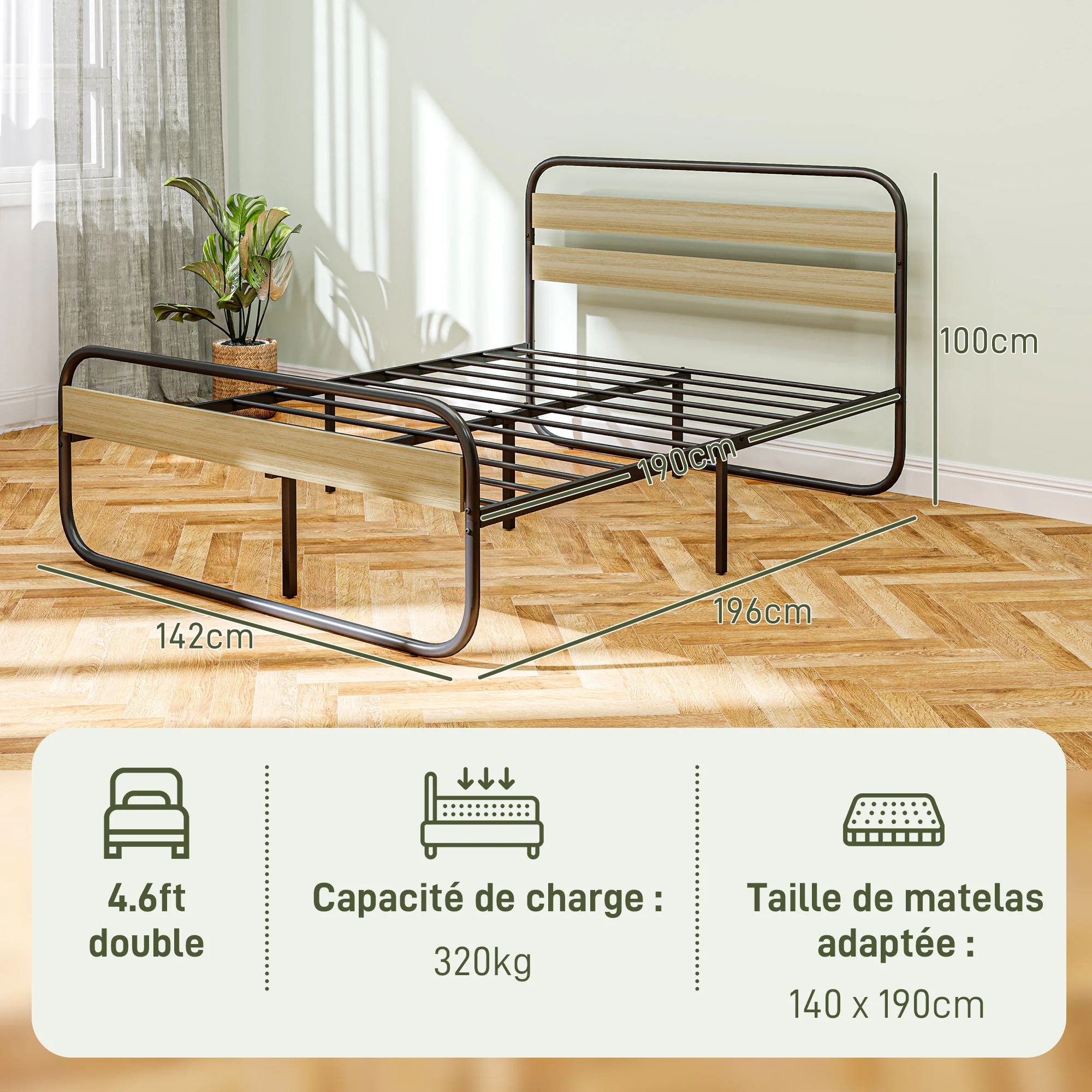 Cadre de lit double 140 x 190 cm lit 2 personnes style industriel avec rangement, sommier, tête et pied - montage facile, en bois et acier, aspect bois - Image 4
