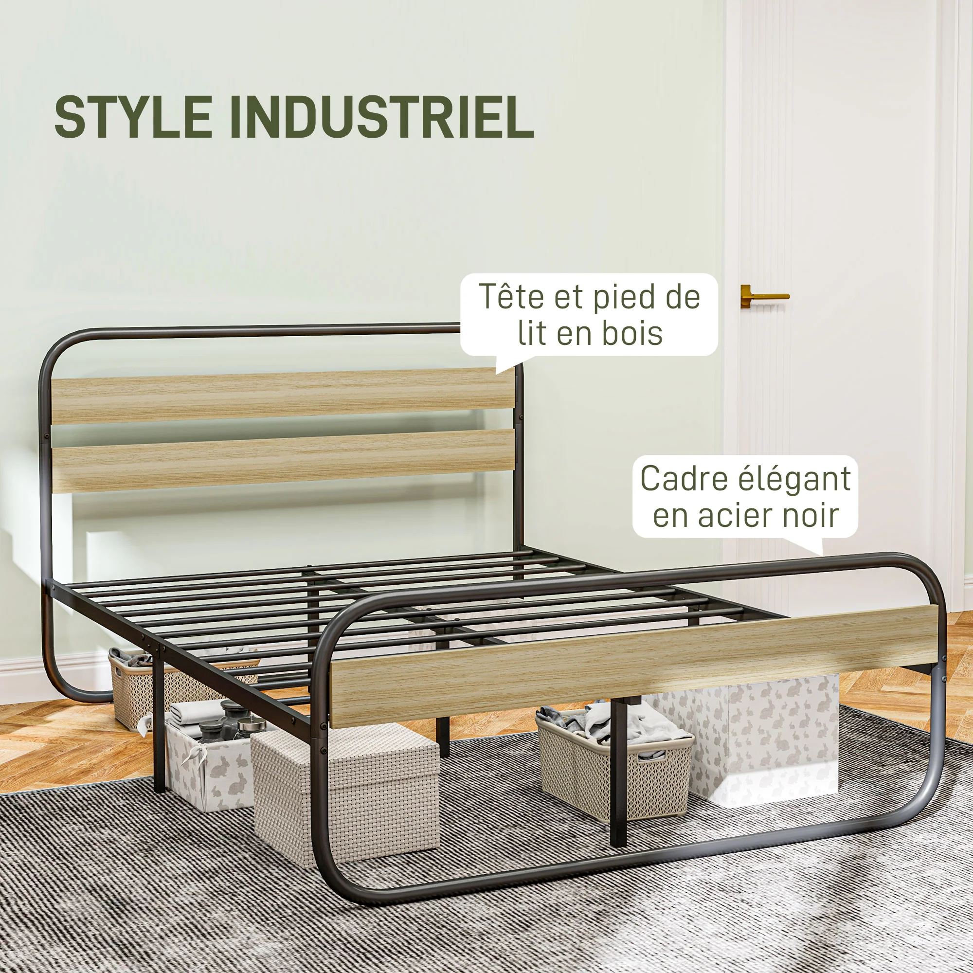 Cadre de lit double 140 x 190 cm lit 2 personnes style industriel avec rangement, sommier, tête et pied - montage facile, en bois et acier, aspect bois - Image 5