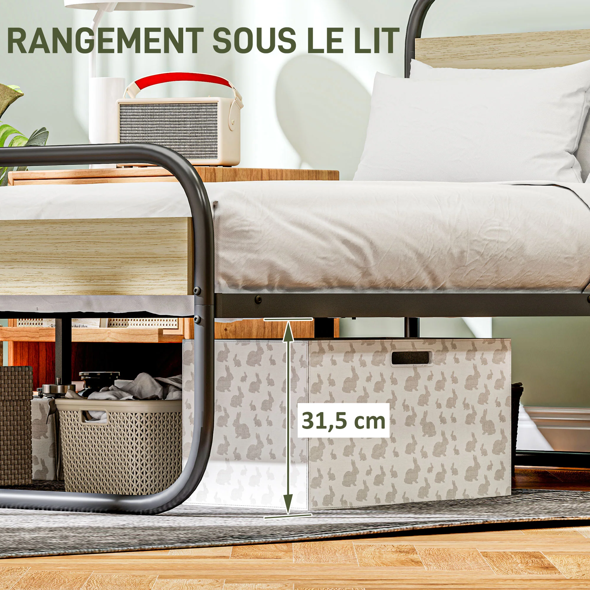 Cadre de lit double 140 x 190 cm lit 2 personnes style industriel avec rangement, sommier, tête et pied - montage facile, en bois et acier, aspect bois - Image 6