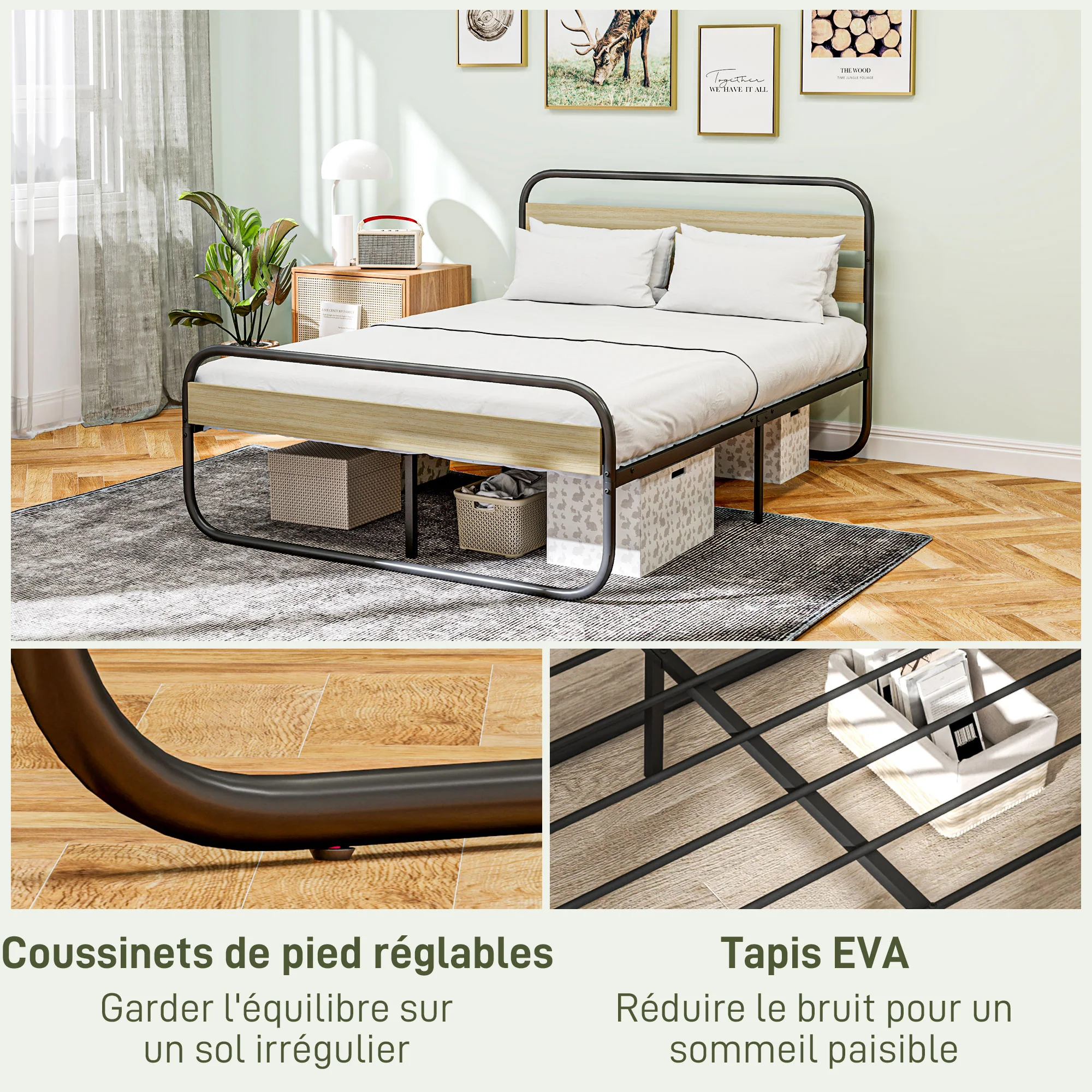Cadre de lit double 140 x 190 cm lit 2 personnes style industriel avec rangement, sommier, tête et pied - montage facile, en bois et acier, aspect bois - Image 7