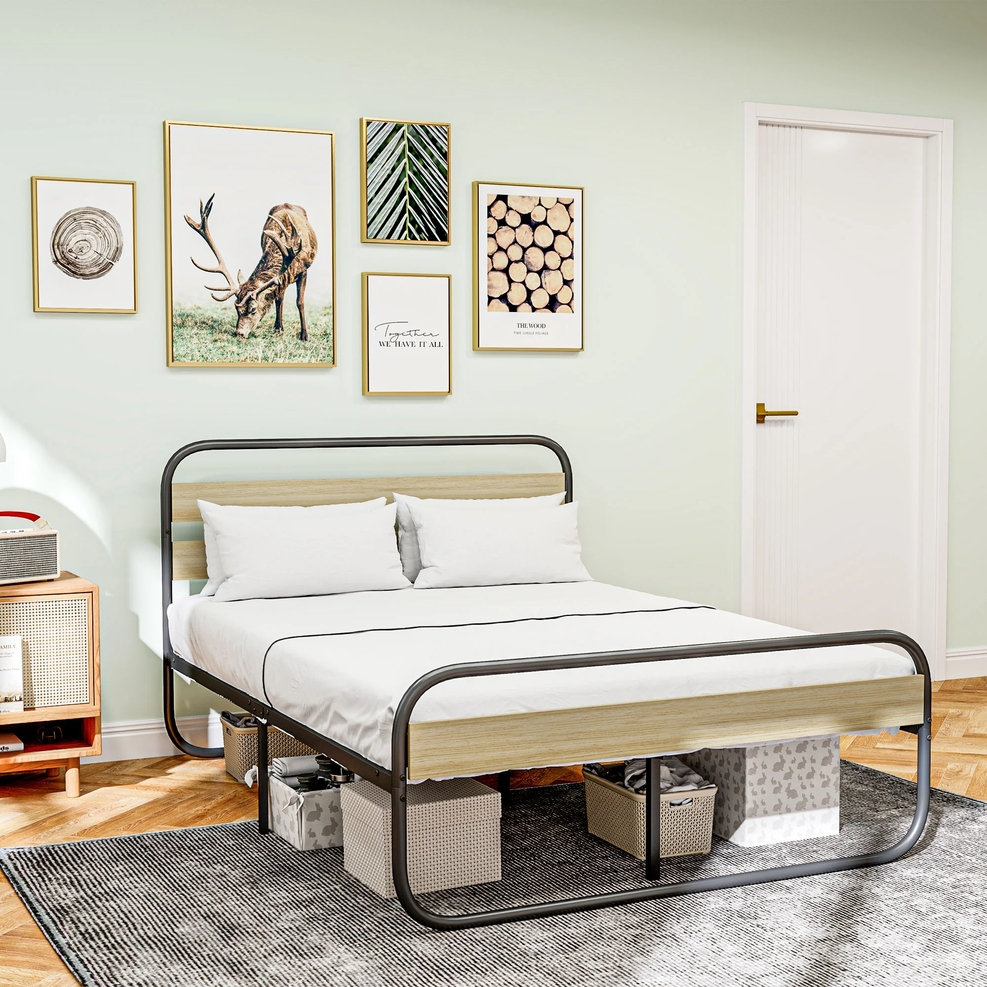 Cadre de lit double 140 x 190 cm lit 2 personnes style industriel avec rangement, sommier, tête et pied - montage facile, en bois et acier, aspect bois - Image 8