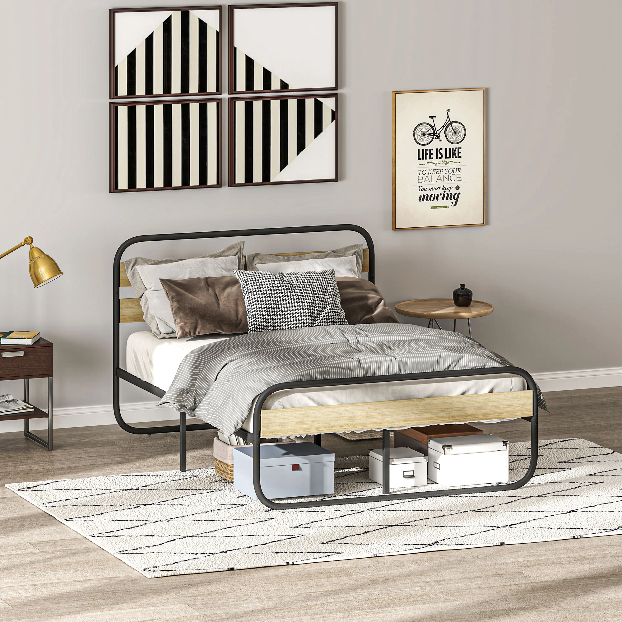 Cadre de lit double 140 x 190 cm lit 2 personnes style industriel avec rangement, sommier, tête et pied - montage facile, en bois et acier, aspect bois - Image 9