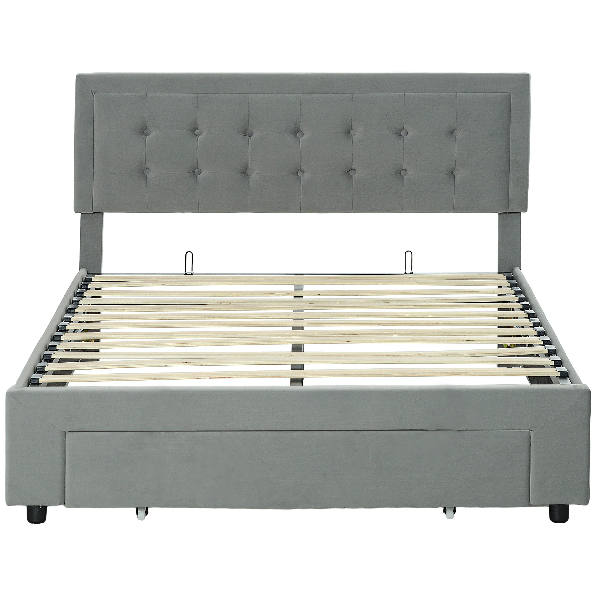 Cadre de lit double 140 x 200 cm pour 2 personnes - levage de gaz, espace de rangement, tiroir à roulettes, tête de lit réglable et sommier à lattes en bois, capitonnée effet velours, gris - Image 11