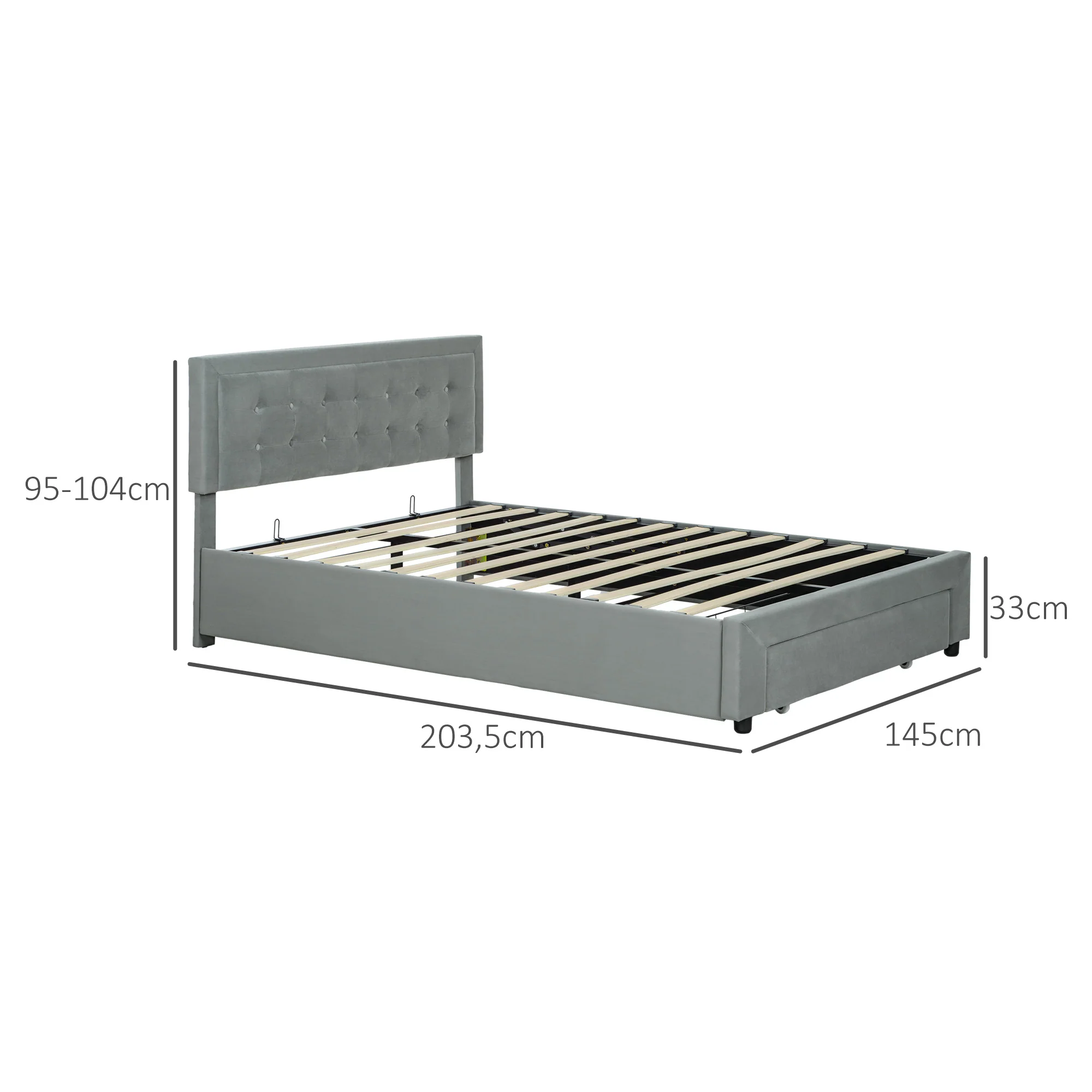Cadre de lit double 140 x 200 cm pour 2 personnes - levage de gaz, espace de rangement, tiroir à roulettes, tête de lit réglable et sommier à lattes en bois, capitonnée effet velours, gris - Image 4
