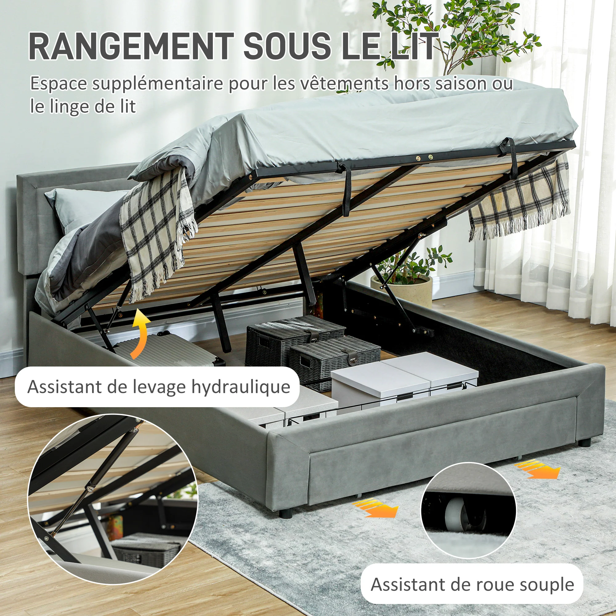 Cadre de lit double 140 x 200 cm pour 2 personnes - levage de gaz, espace de rangement, tiroir à roulettes, tête de lit réglable et sommier à lattes en bois, capitonnée effet velours, gris - Image 5