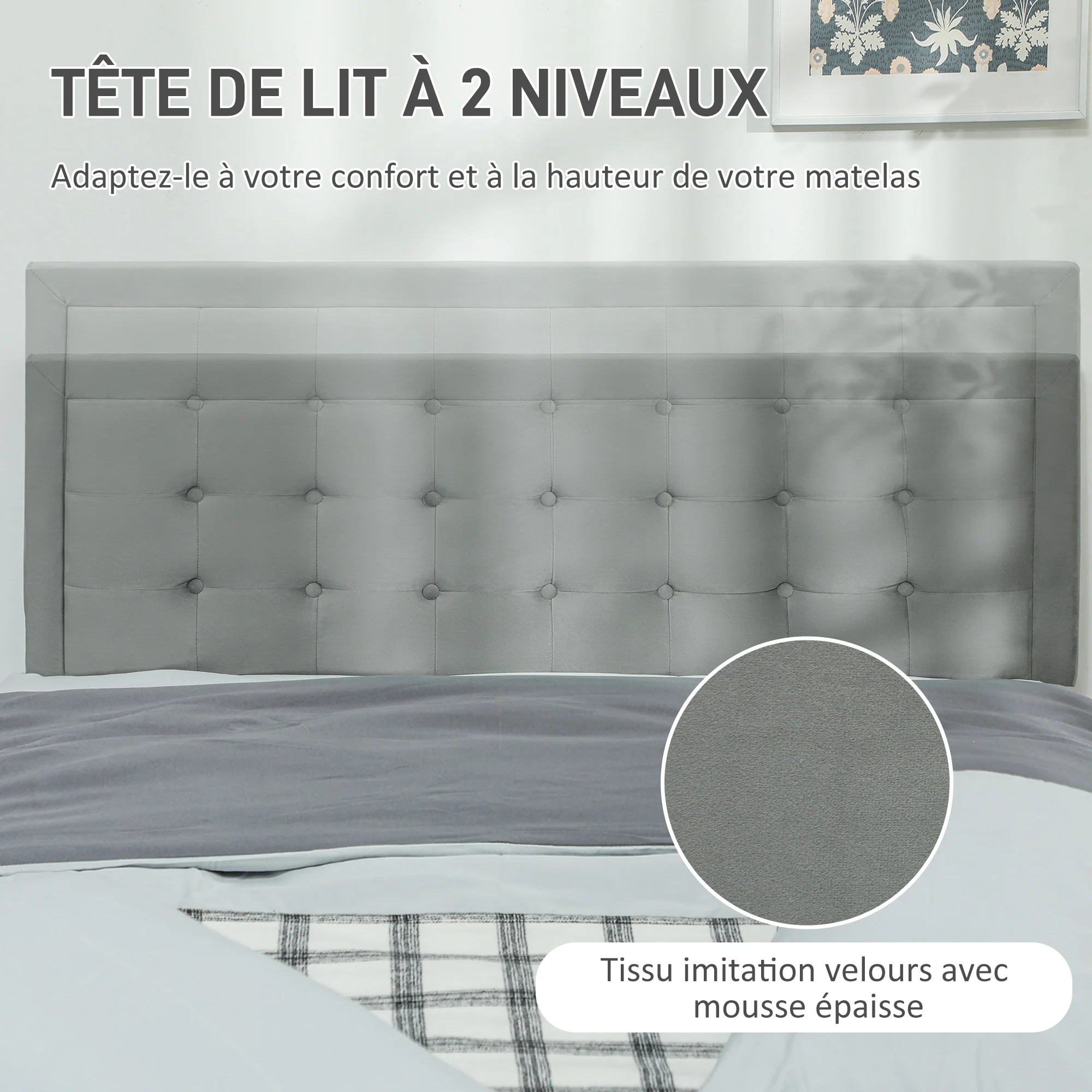 Cadre de lit double 140 x 200 cm pour 2 personnes - levage de gaz, espace de rangement, tiroir à roulettes, tête de lit réglable et sommier à lattes en bois, capitonnée effet velours, gris - Image 6
