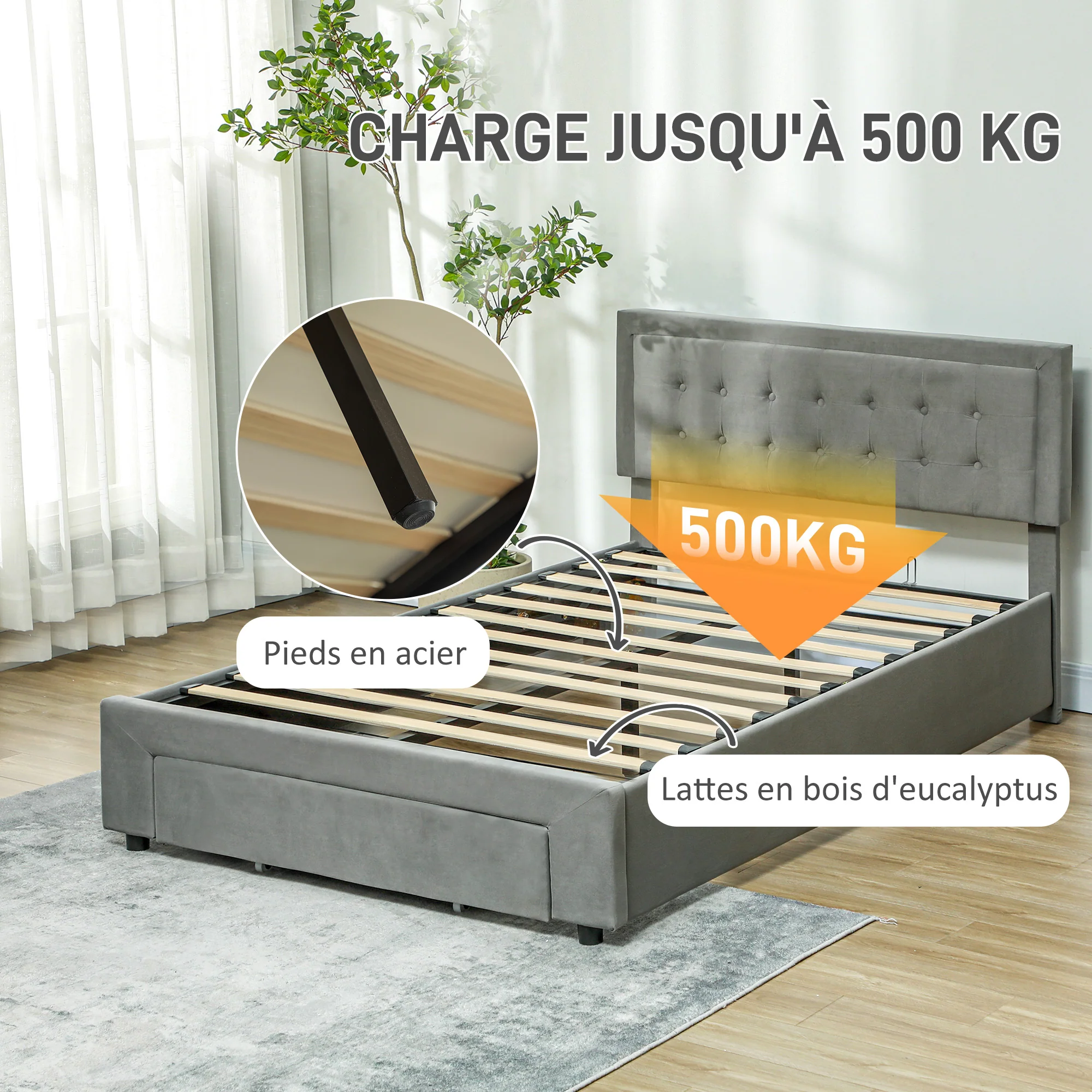 Cadre de lit double 140 x 200 cm pour 2 personnes - levage de gaz, espace de rangement, tiroir à roulettes, tête de lit réglable et sommier à lattes en bois, capitonnée effet velours, gris - Image 7