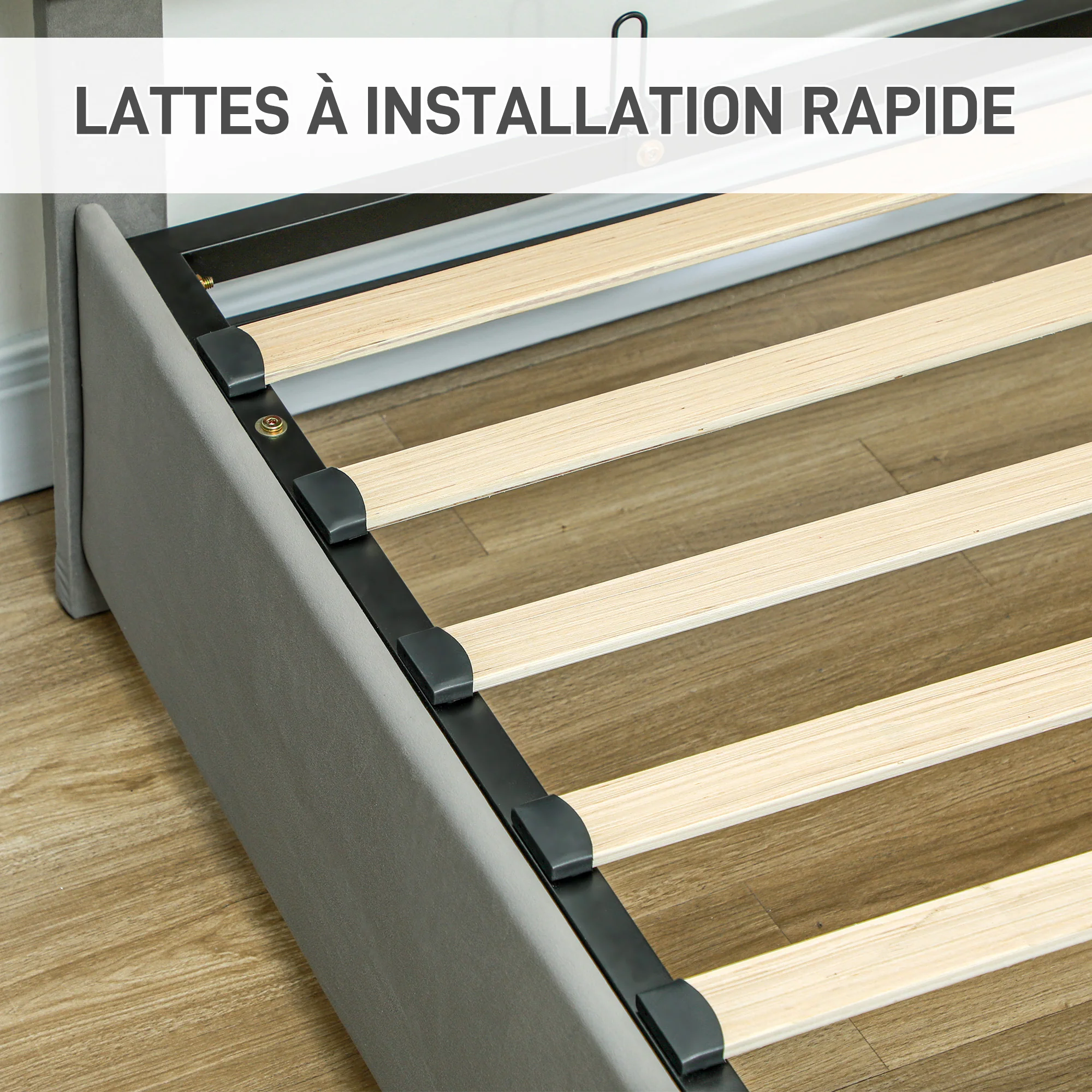 Cadre de lit double 140 x 200 cm pour 2 personnes - levage de gaz, espace de rangement, tiroir à roulettes, tête de lit réglable et sommier à lattes en bois, capitonnée effet velours, gris - Image 8