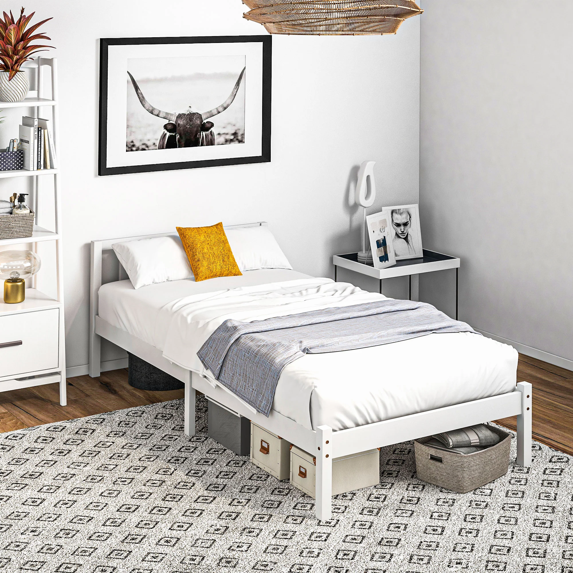 Cadre de lit en Bois Massif 90x190 cm Lit simple avec tête de lit et Sommier à Lattes Solide pour Enfants Adultes Blanc - Image 3