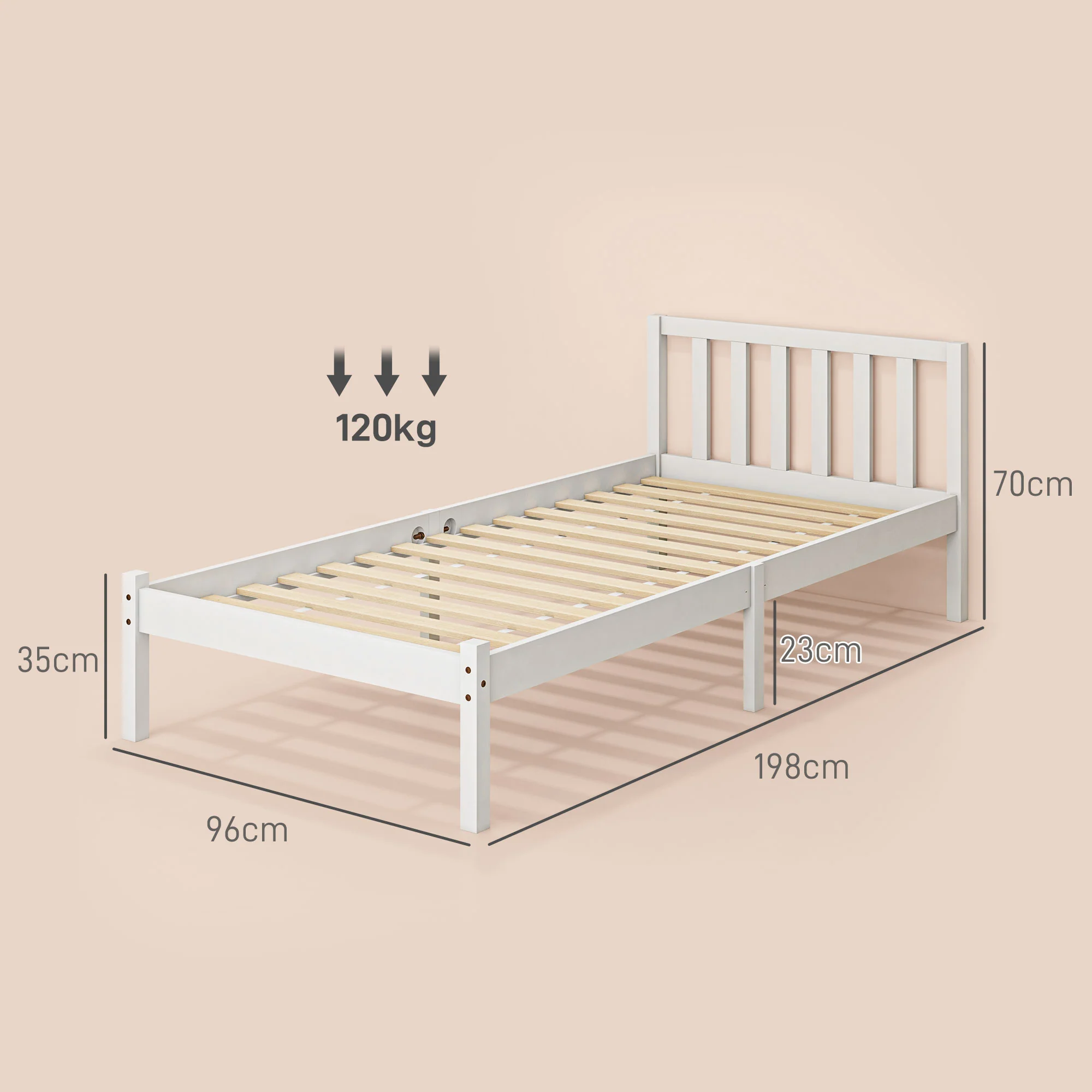 Cadre de lit en Bois Massif 90x190 cm Lit simple avec tête de lit et Sommier à Lattes Solide pour Enfants Adultes Blanc - Image 4