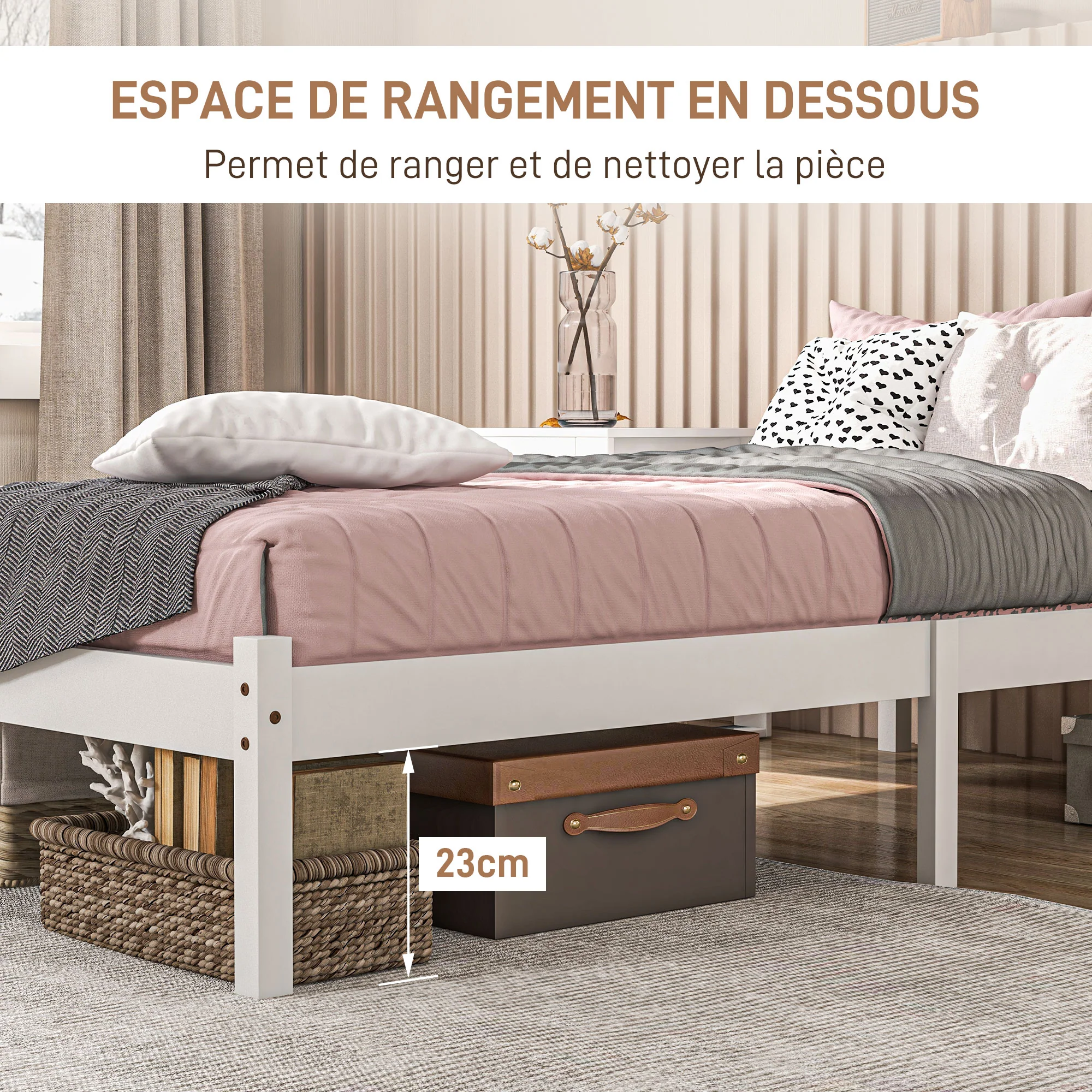 Cadre de lit en Bois Massif 90x190 cm Lit simple avec tête de lit et Sommier à Lattes Solide pour Enfants Adultes Blanc - Image 5