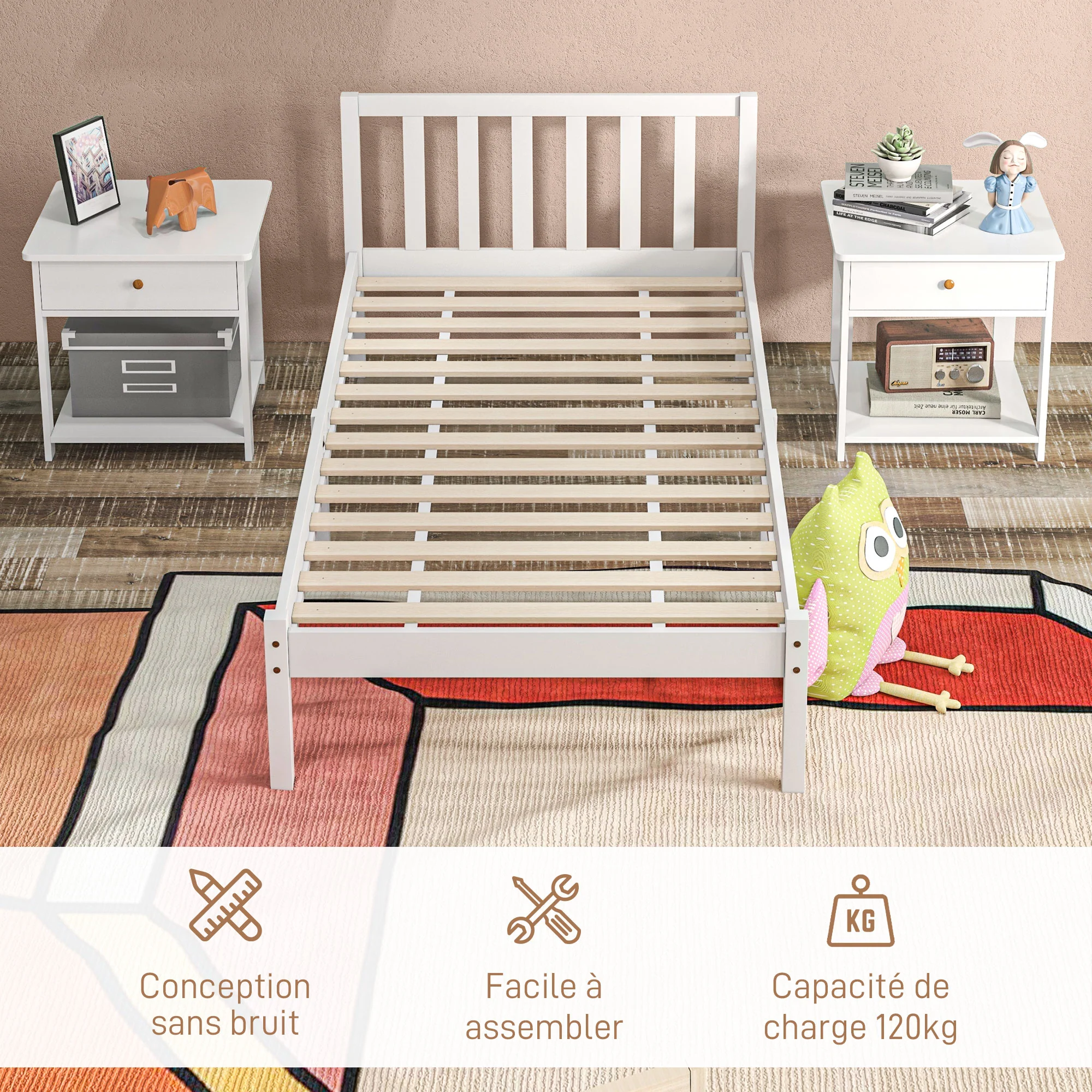 Cadre de lit en Bois Massif 90x190 cm Lit simple avec tête de lit et Sommier à Lattes Solide pour Enfants Adultes Blanc - Image 6