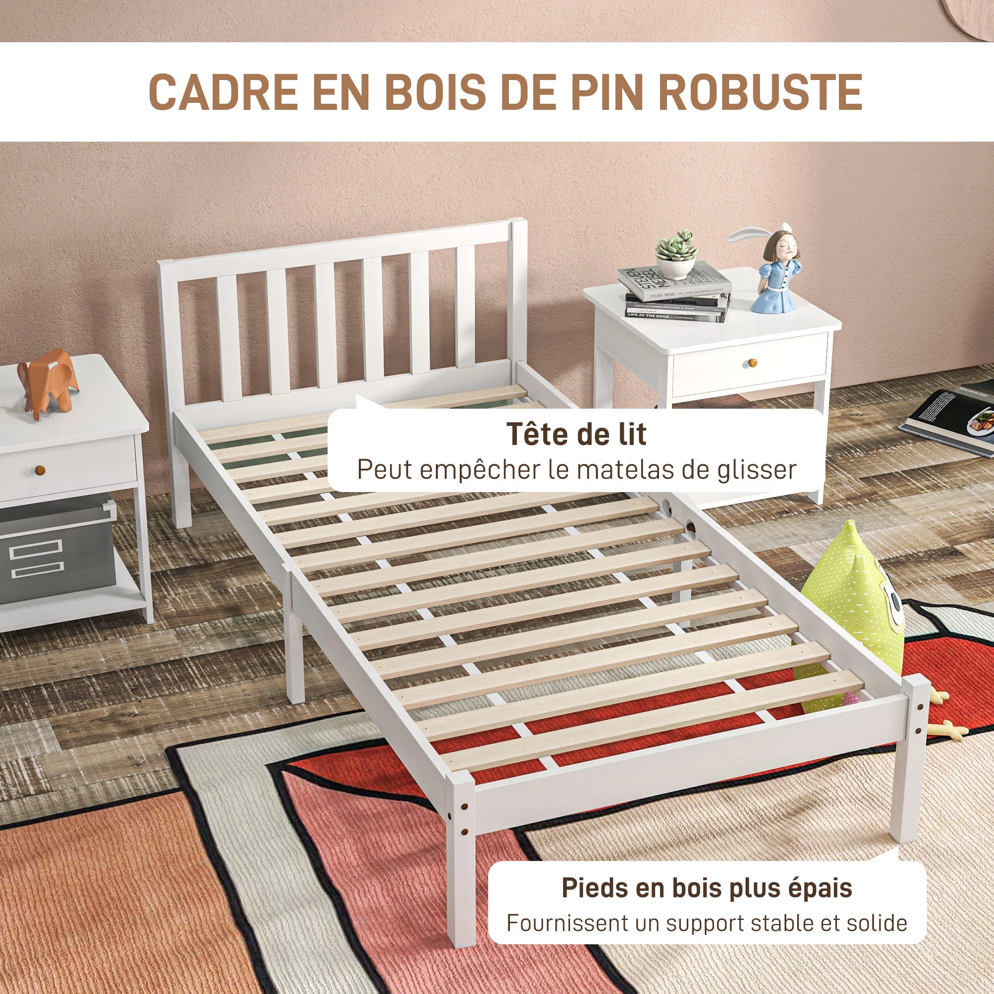 Cadre de lit en Bois Massif 90x190 cm Lit simple avec tête de lit et Sommier à Lattes Solide pour Enfants Adultes Blanc - Image 7