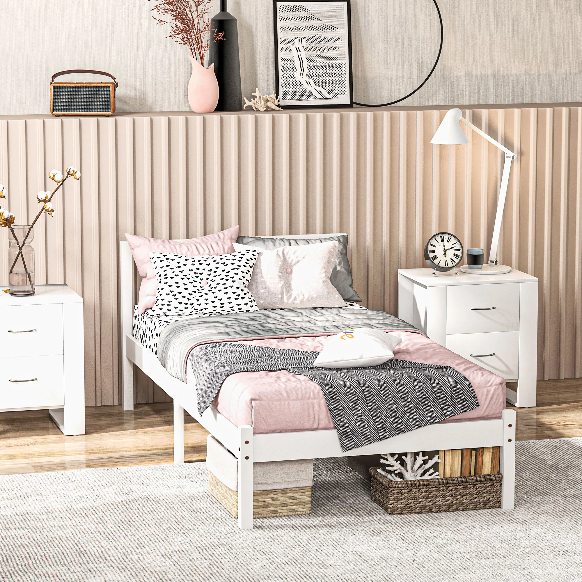 Cadre de lit en Bois Massif 90x190 cm Lit simple avec tête de lit et Sommier à Lattes Solide pour Enfants Adultes Blanc - Image 8