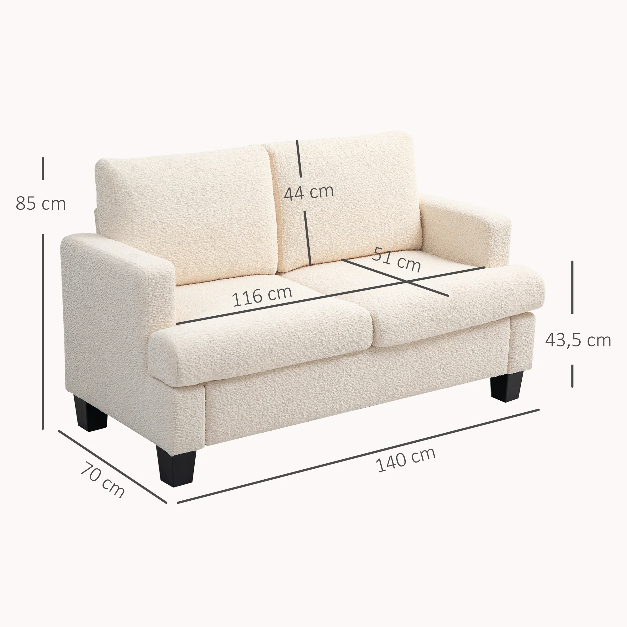 Canapé 2 places canapé de salon 140 cm style moderne avec coussins de dossier amovibles et accoudoirs, mini sofa pour chambre, appartement, petit espace, beige - Image 4