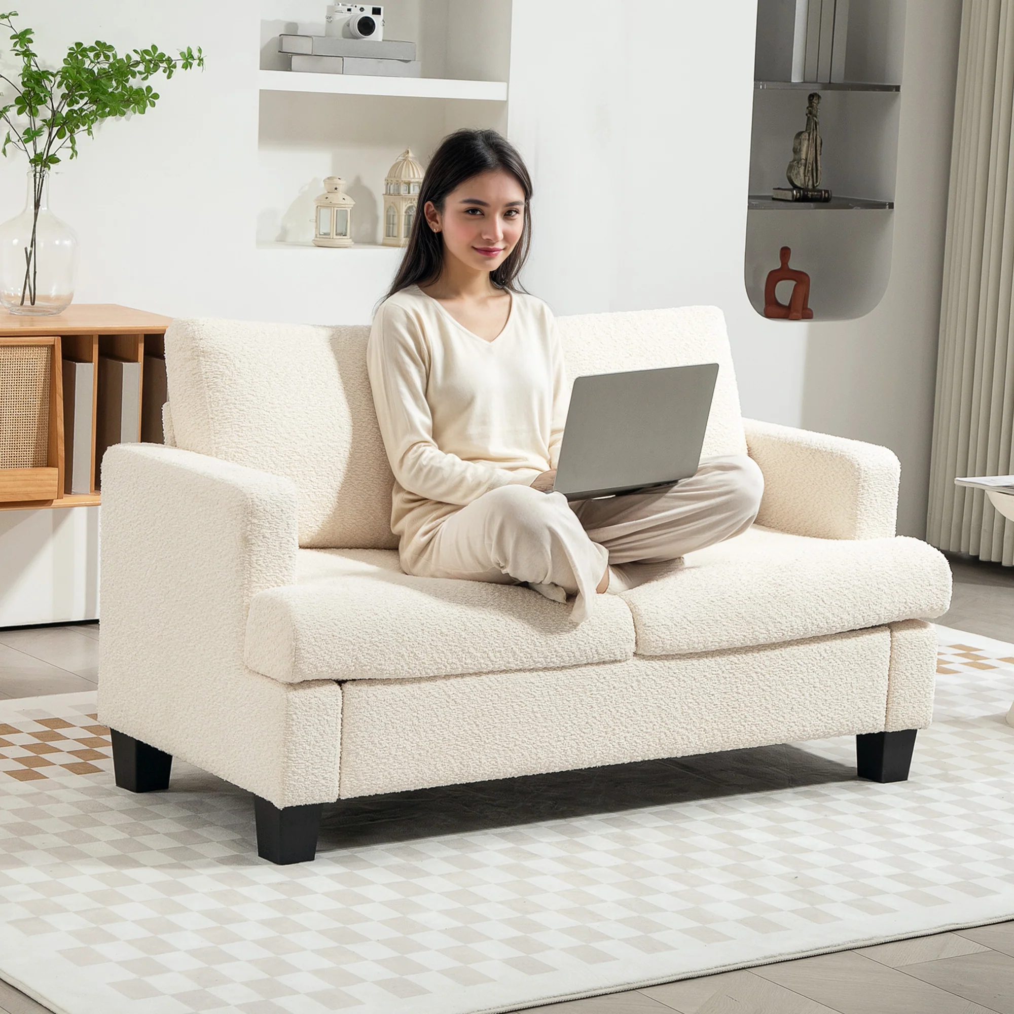 Canapé 2 places canapé de salon 140 cm style moderne avec coussins de dossier amovibles et accoudoirs, mini sofa pour chambre, appartement, petit espace, beige - Image 8