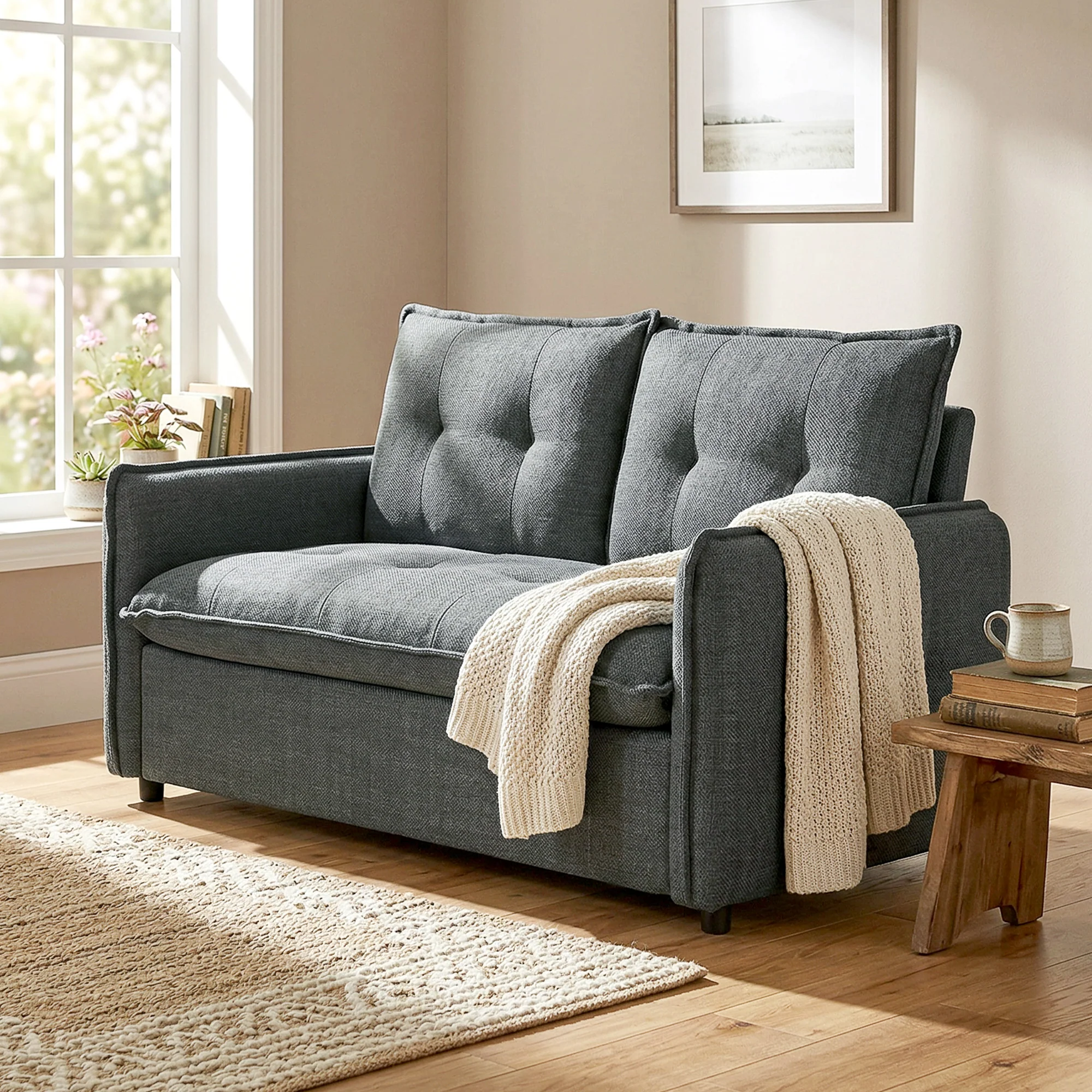 Canapé 2 places, canapé de salon moderne 131 cm avec assise rembourrée, coussins à ressorts, dossier épais et design capitonné, tissu en lin, pour chambre, appartement, petit espace, gris foncé - Image 11