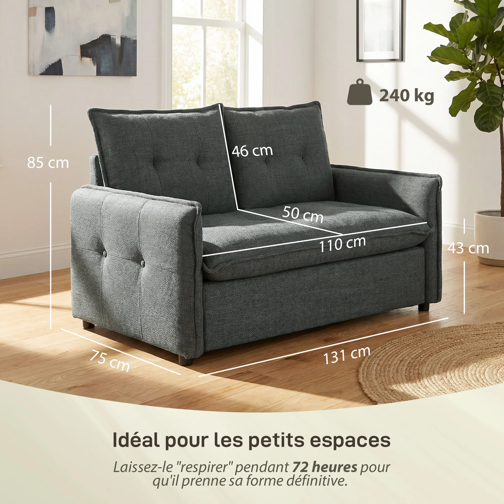 Canapé 2 places, canapé de salon moderne 131 cm avec assise rembourrée, coussins à ressorts, dossier épais et design capitonné, tissu en lin, pour chambre, appartement, petit espace, gris foncé - Image 4