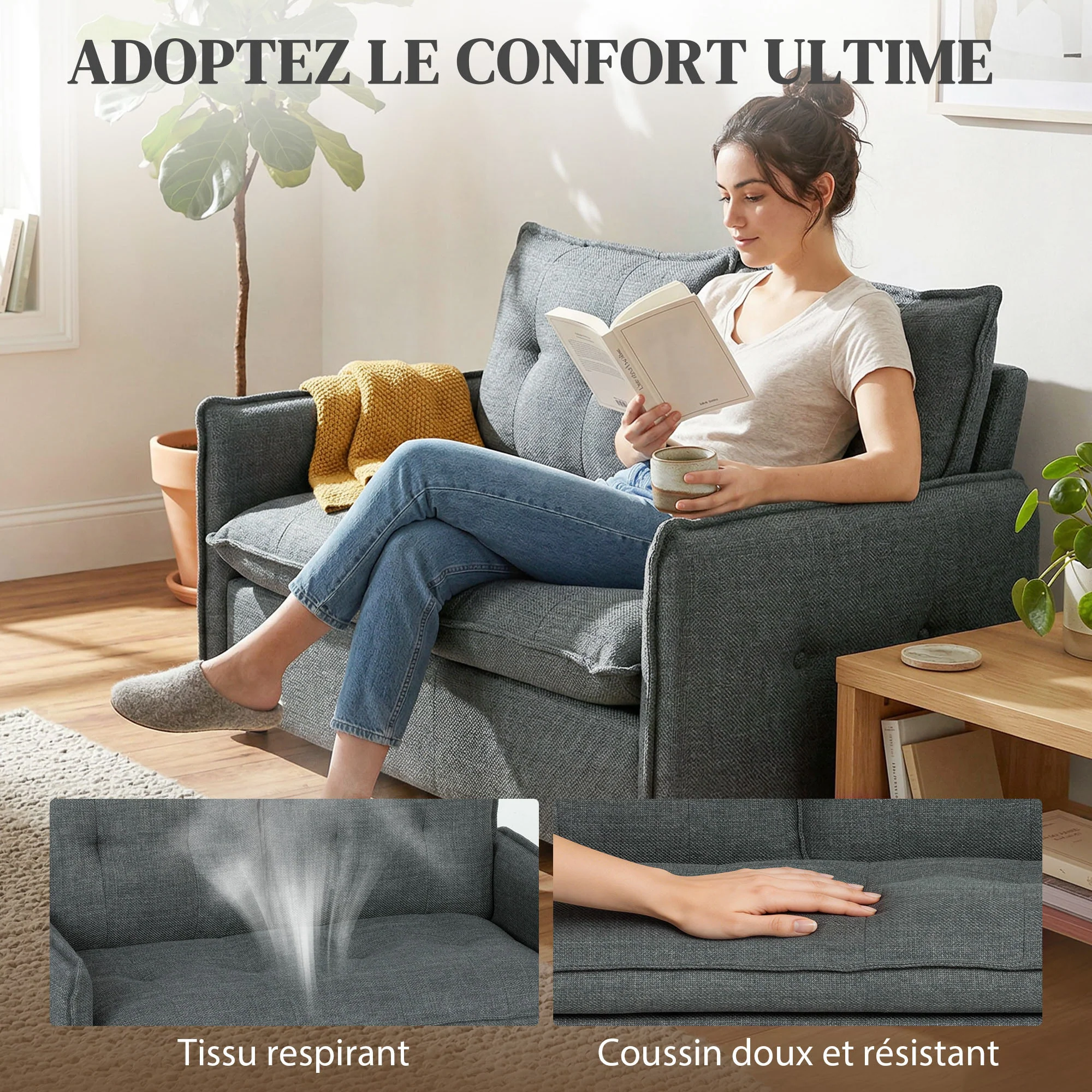 Canapé 2 places, canapé de salon moderne 131 cm avec assise rembourrée, coussins à ressorts, dossier épais et design capitonné, tissu en lin, pour chambre, appartement, petit espace, gris foncé - Image 5