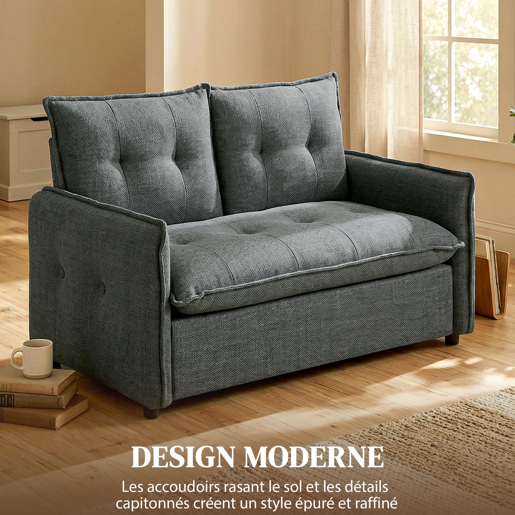 Canapé 2 places, canapé de salon moderne 131 cm avec assise rembourrée, coussins à ressorts, dossier épais et design capitonné, tissu en lin, pour chambre, appartement, petit espace, gris foncé - Image 6