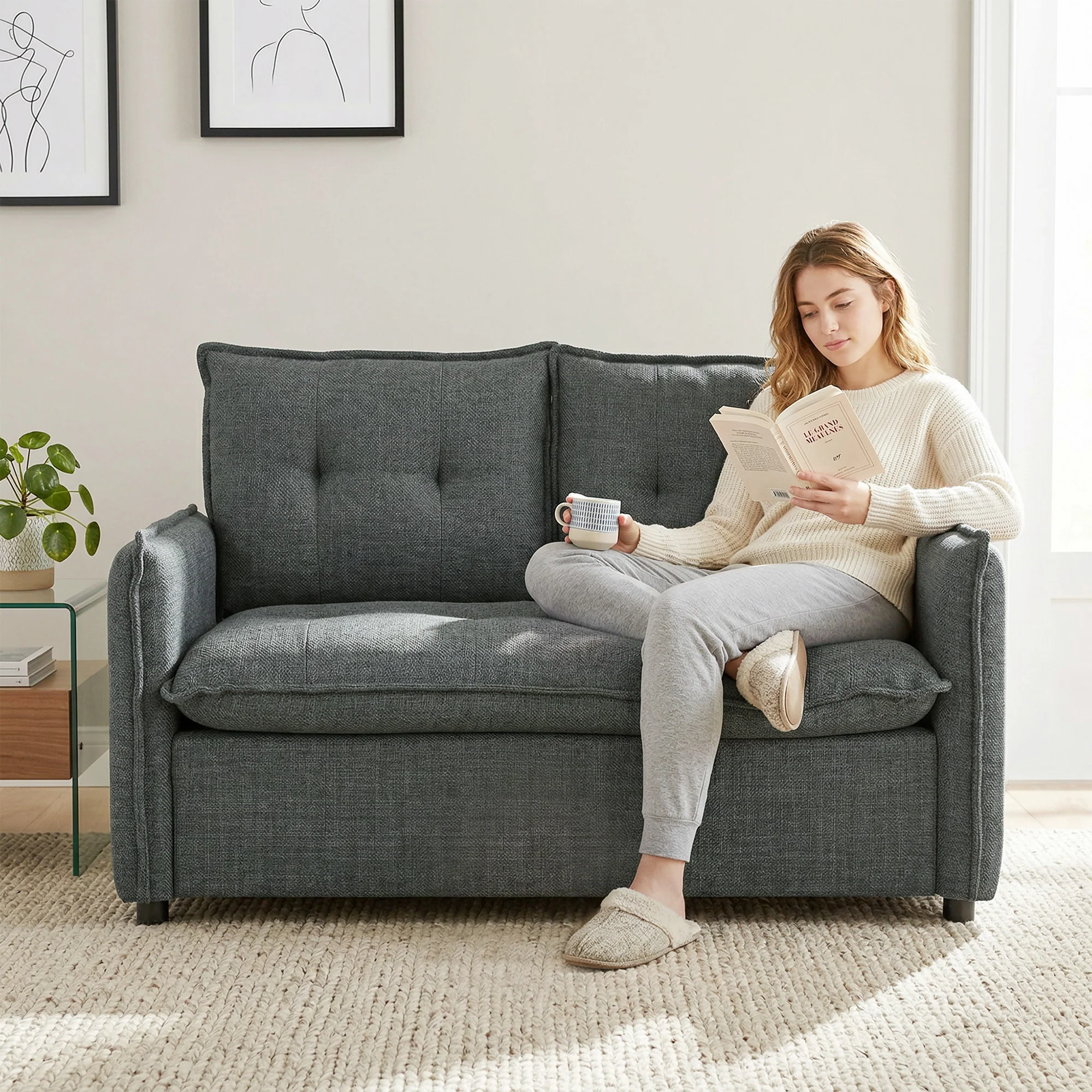Canapé 2 places, canapé de salon moderne 131 cm avec assise rembourrée, coussins à ressorts, dossier épais et design capitonné, tissu en lin, pour chambre, appartement, petit espace, gris foncé - Image 8