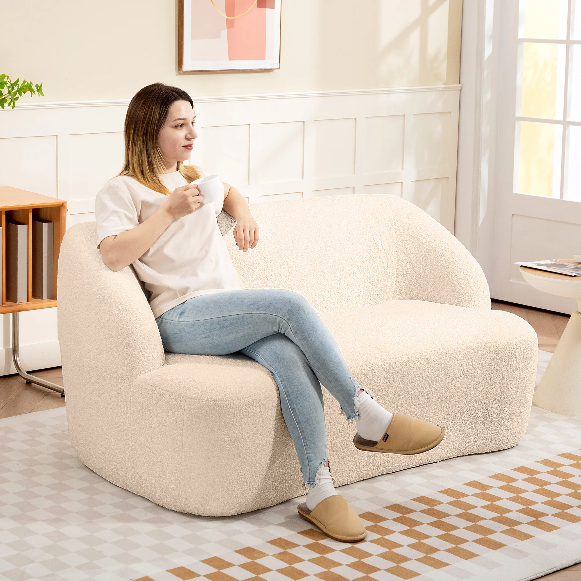 Canapé 2 places canapé en tissu bouclette 142 cm avec dossier et assise incurvés, entièrement compressé, sofa moderne pour chambre, appartement, petit espace, aucun assemblage requis, beige - Image 3