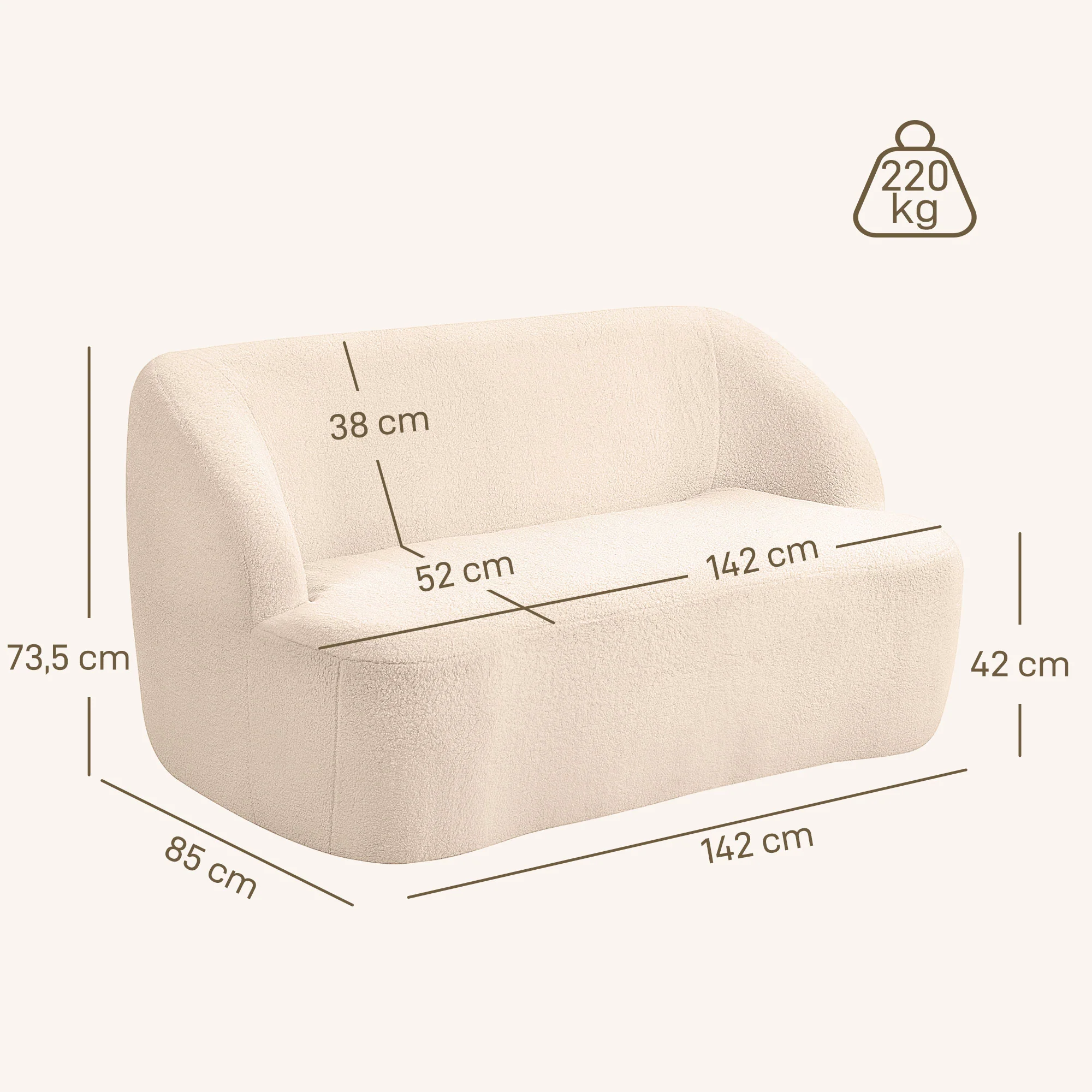 Canapé 2 places canapé en tissu bouclette 142 cm avec dossier et assise incurvés, entièrement compressé, sofa moderne pour chambre, appartement, petit espace, aucun assemblage requis, beige - Image 4